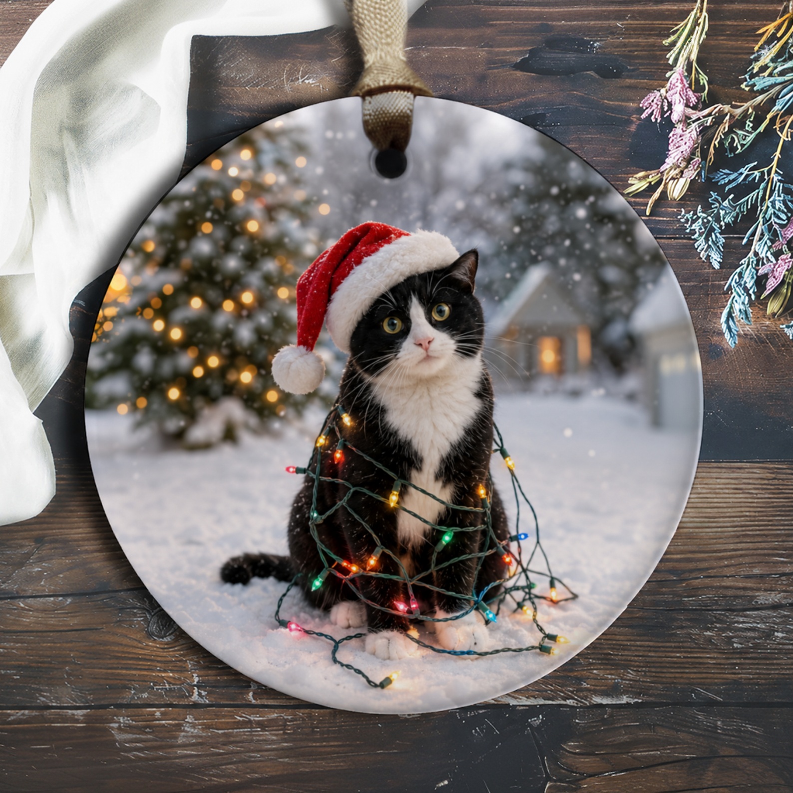 Christmas Cat Ornament Cute Holiday Decor Tuxedo Cat With Santa Hat And Lights Festive Christmas Tree Decoration Gift For Cat Love O566