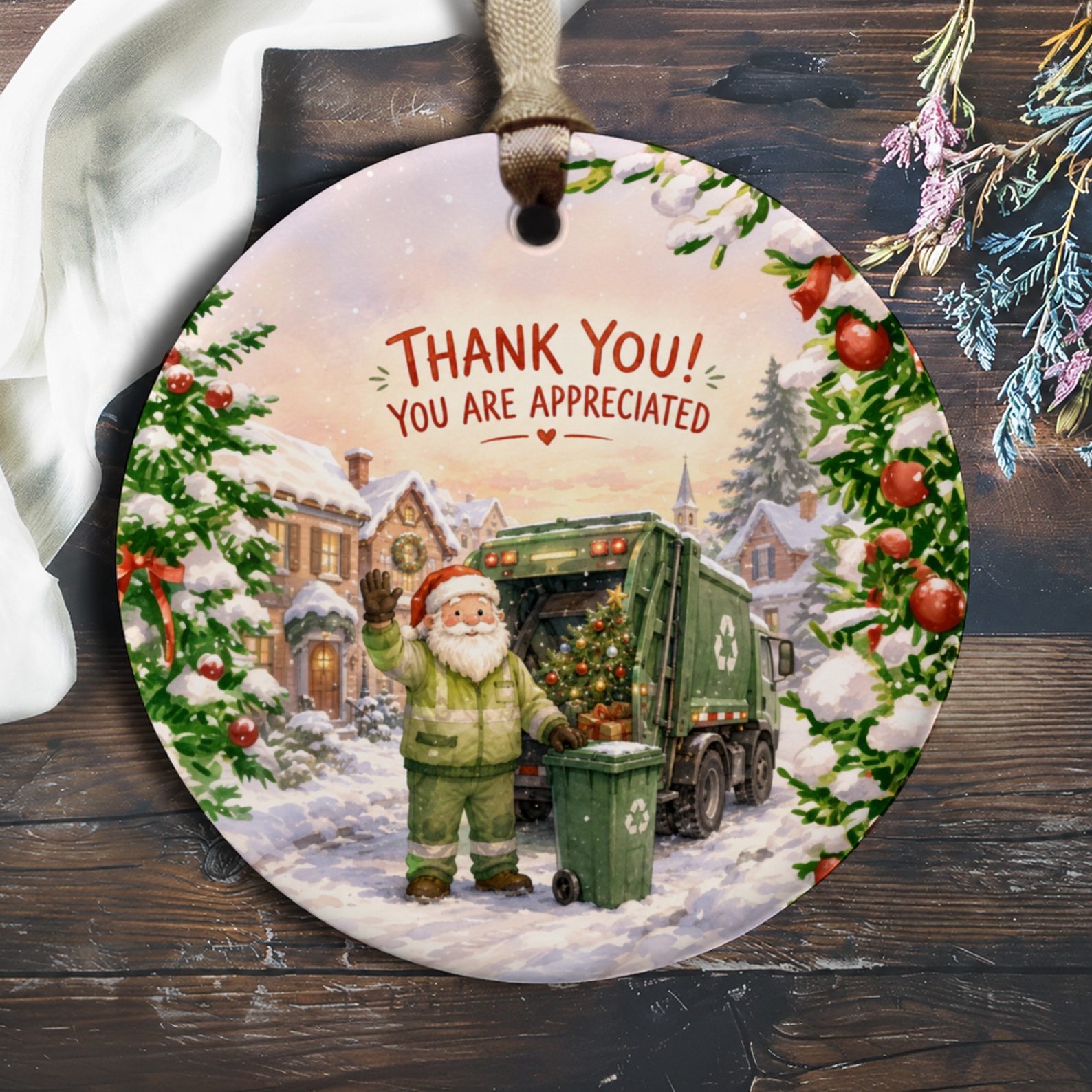 Thank You! You Are Appreciated Christmas Ornament Santa Recycling Truck Holiday Decor Eco Friendly Gift O569