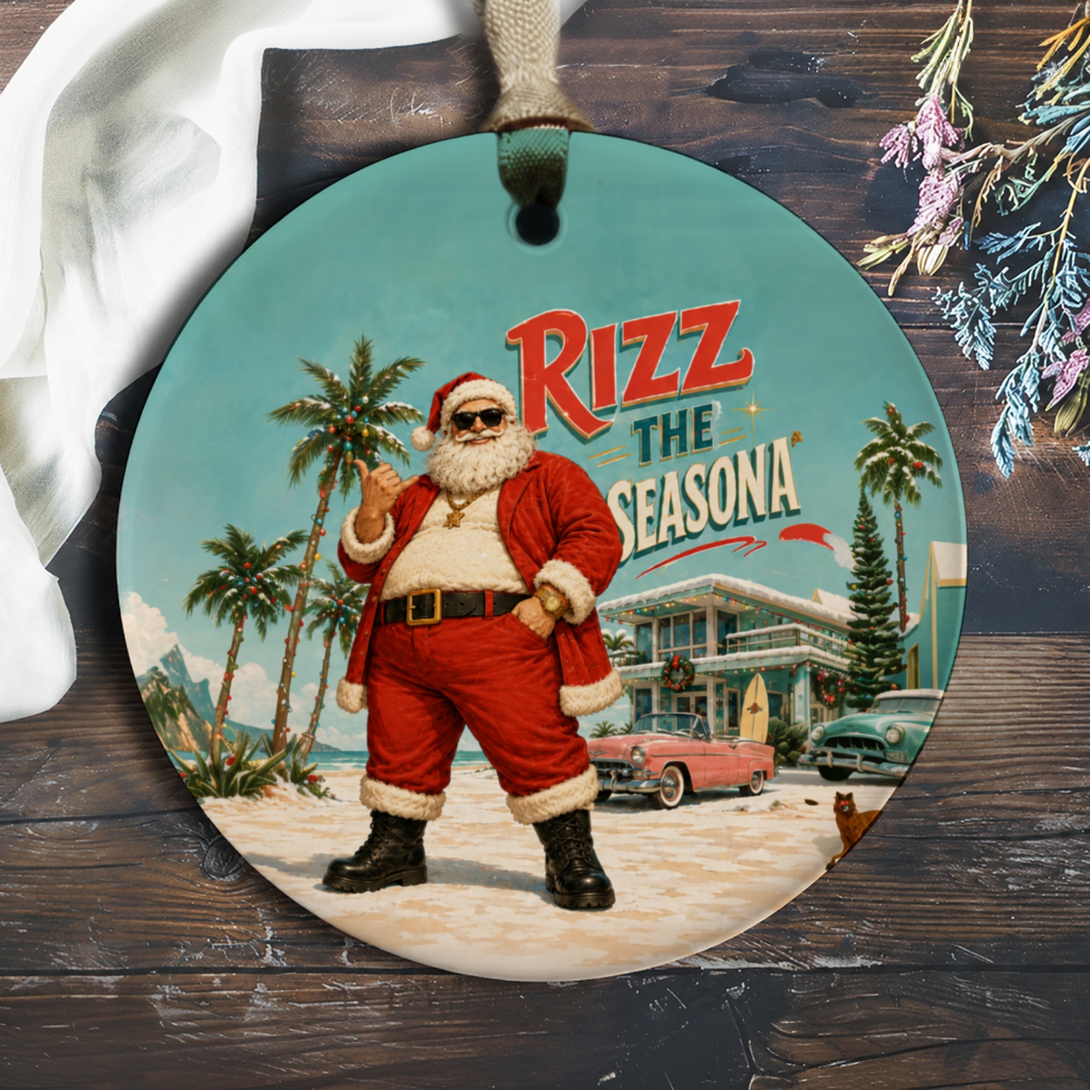 Rizz The Seasona Christmas Ornament Santa Beach Scene Holiday Decor Festive Home Decoration Unique Xmas Gift O580