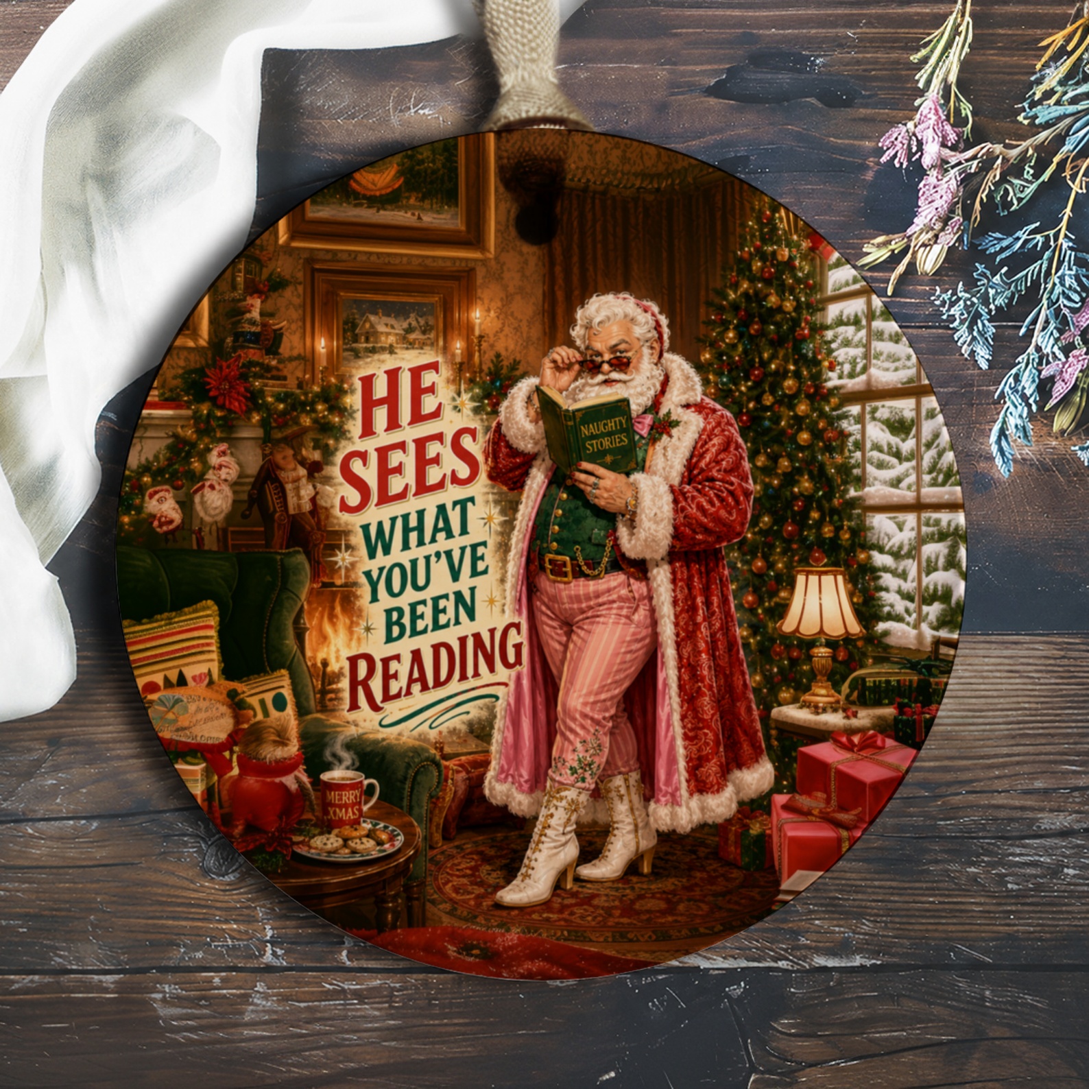 He Sees What You've Been Reading Funny Christmas Ornament Santa Naughty Stories Holiday Decor Gift O585