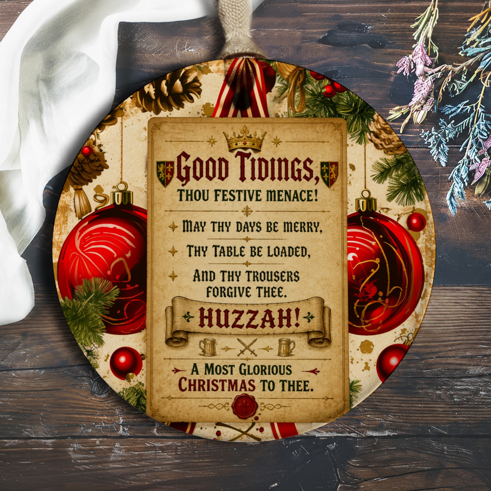 Good Tidings Thou Festive Menace Christmas Ornament Funny Holiday Decor Huzzah A Most Glorious Christmas To Thee O582