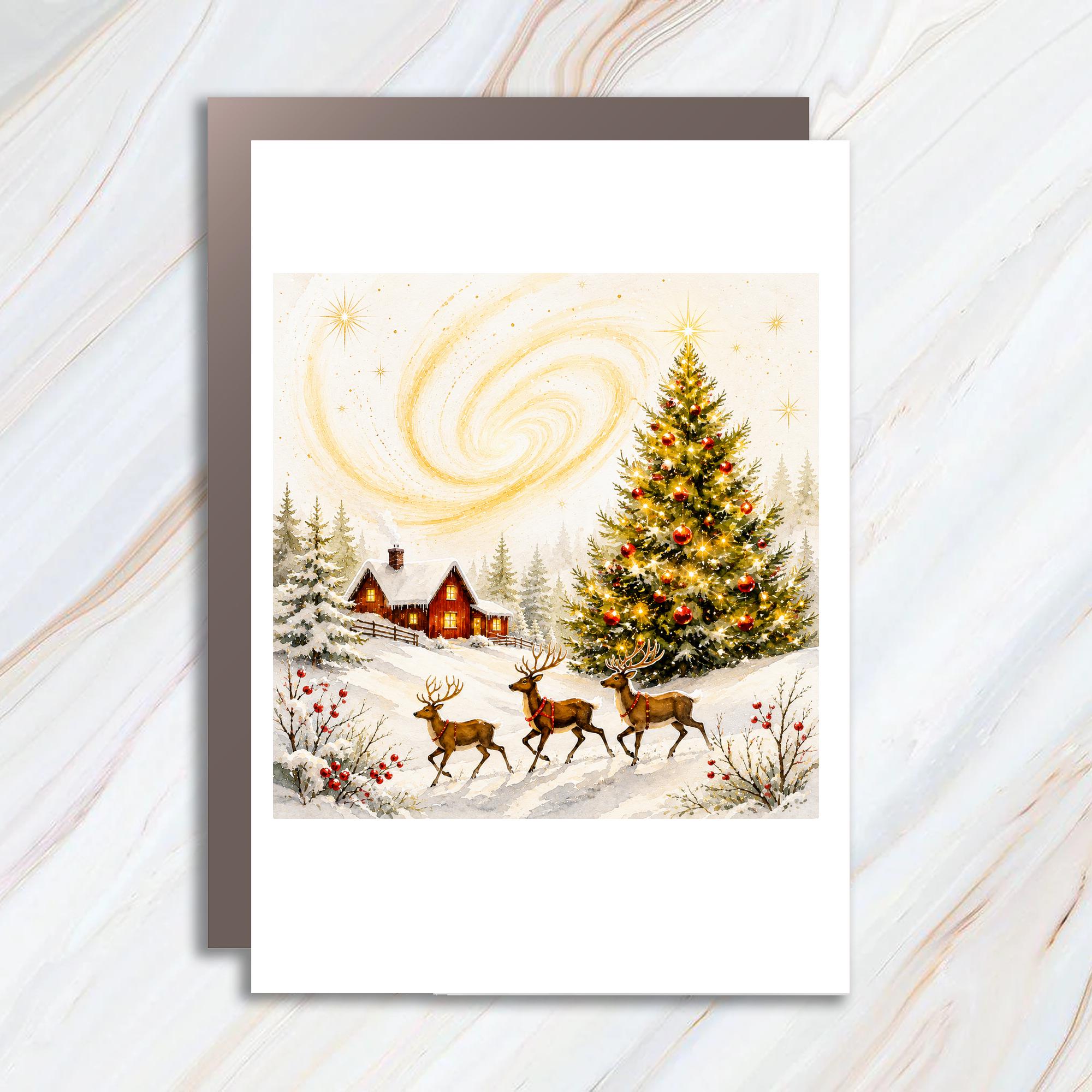 Christmas Scene Greeting Card Reindeer Winter Wonderland Holiday Card Festive Christmas Tree Snowy Landscape For Family C1011