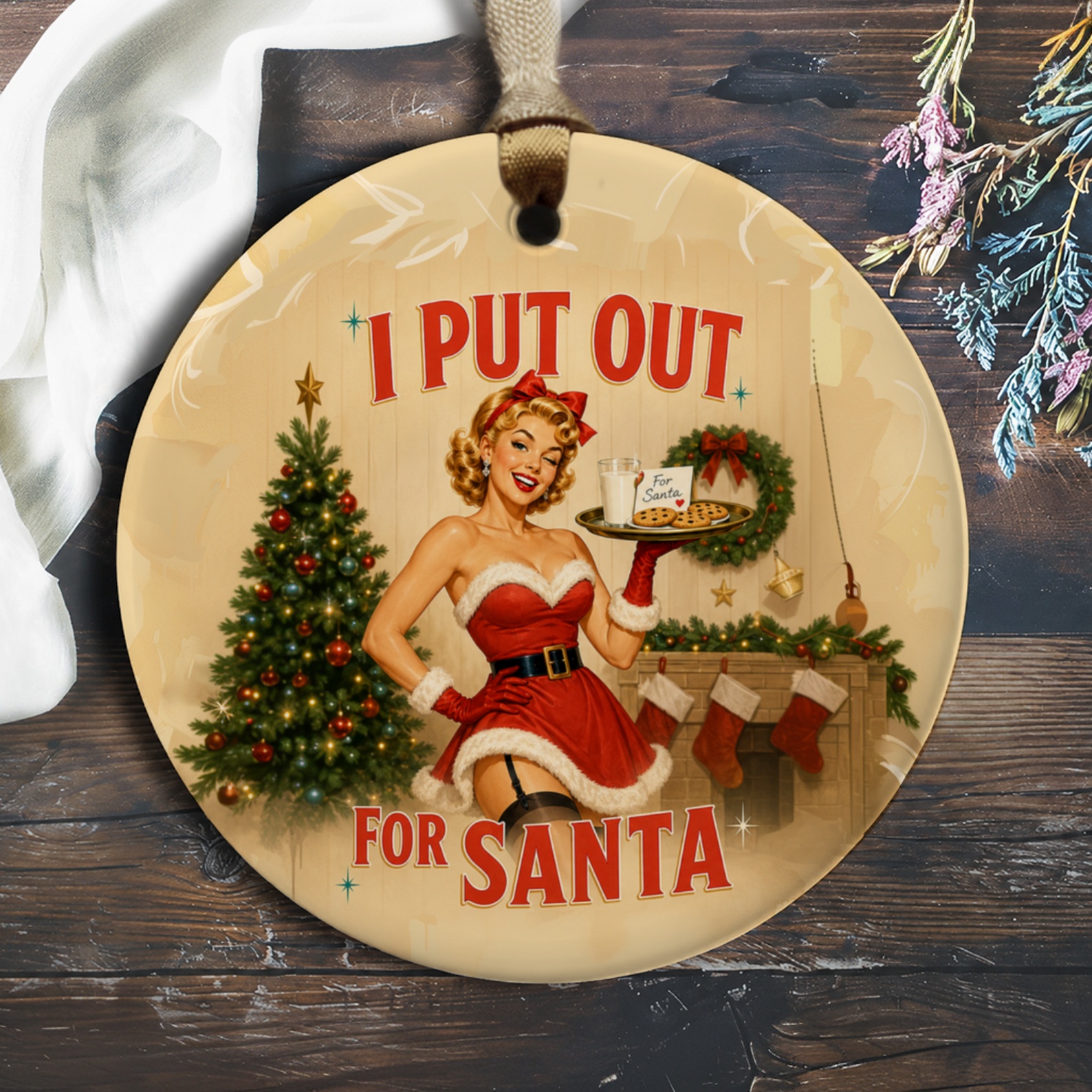 I Put Out For Santa Christmas Ornament Pin-Up Style Holiday Decor Retro Santa Theme Funny Xmas Tree Decoration O583