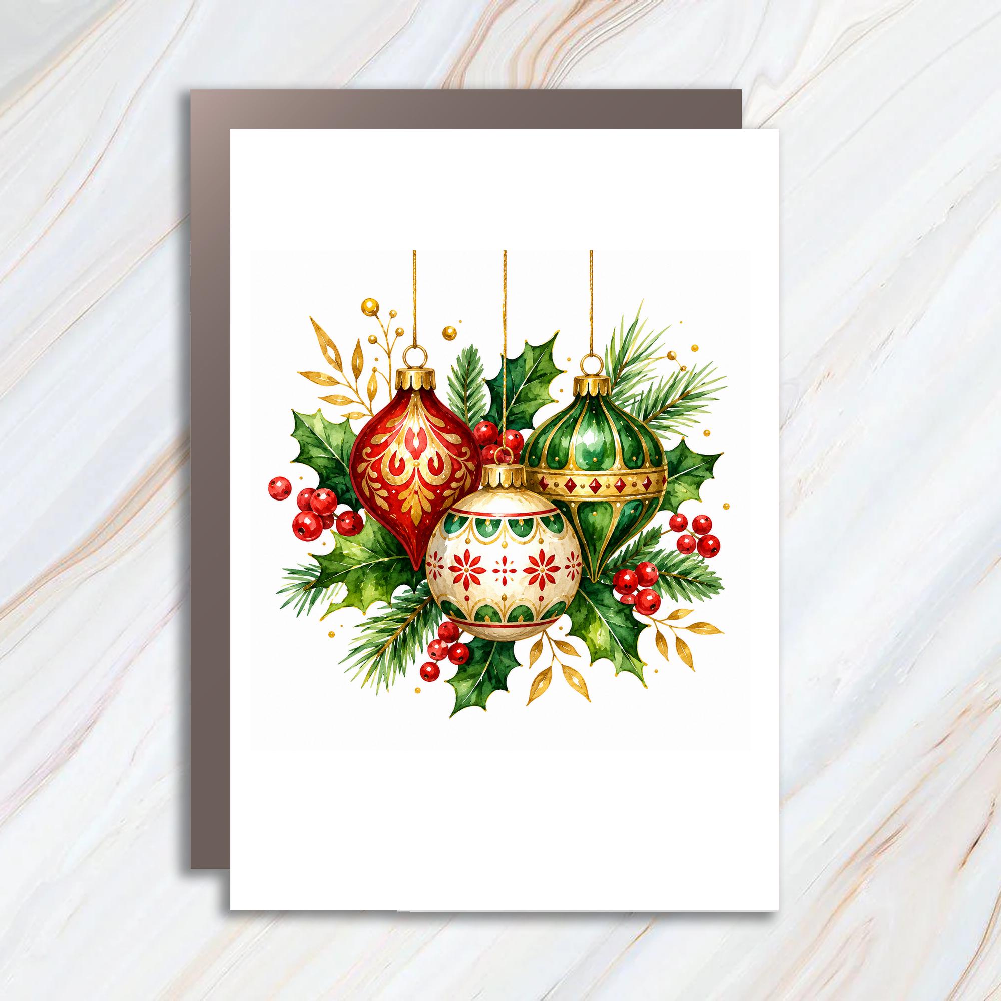 Christmas Ornaments And Holly Blank Greeting Card Festive Holiday Card For Christmas Celebration Watercolor Art Card C1018