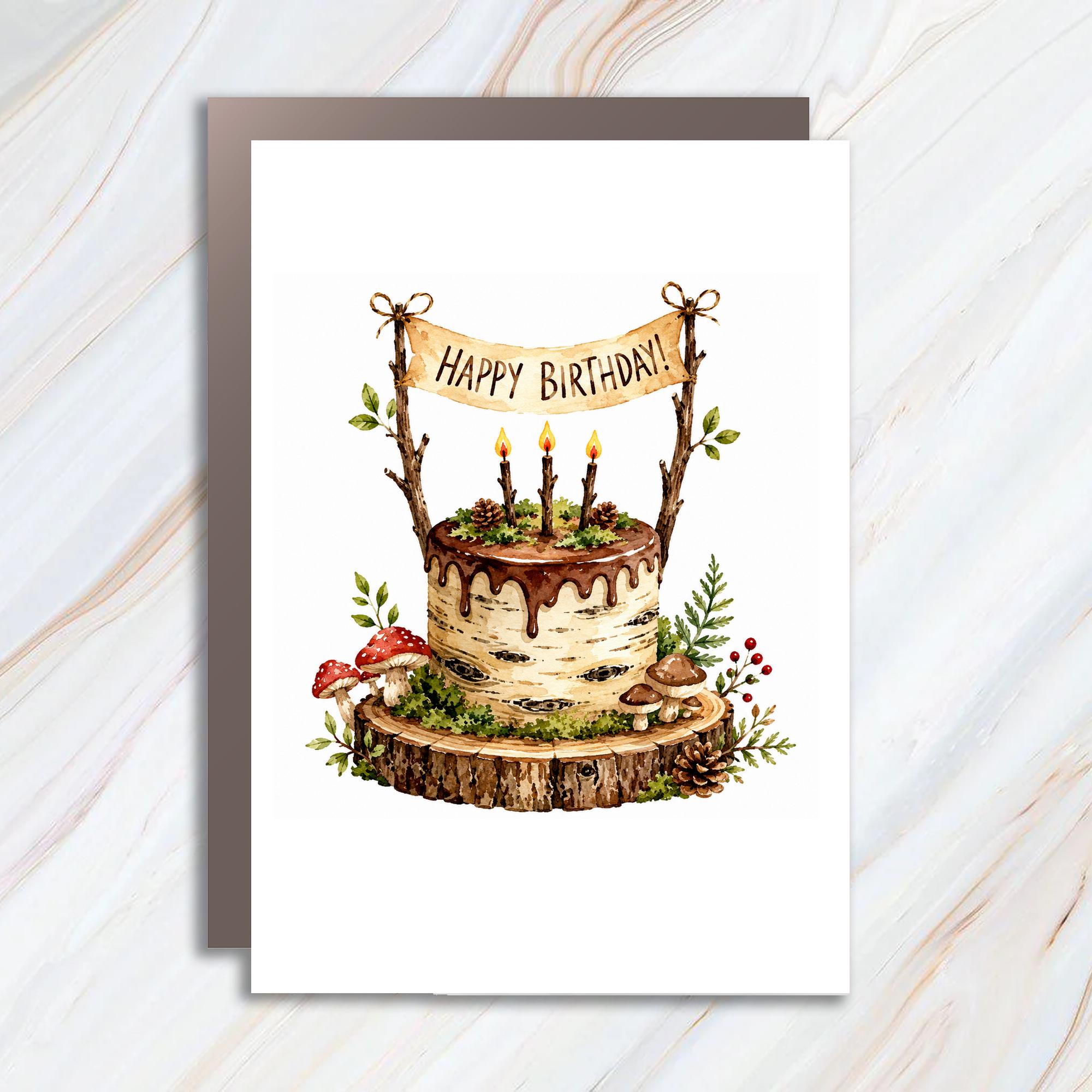 Happy Birthday! Woodland Cake Birthday Card Nature Inspired Greeting Card For Him Her Cute Rustic Celebration C1020