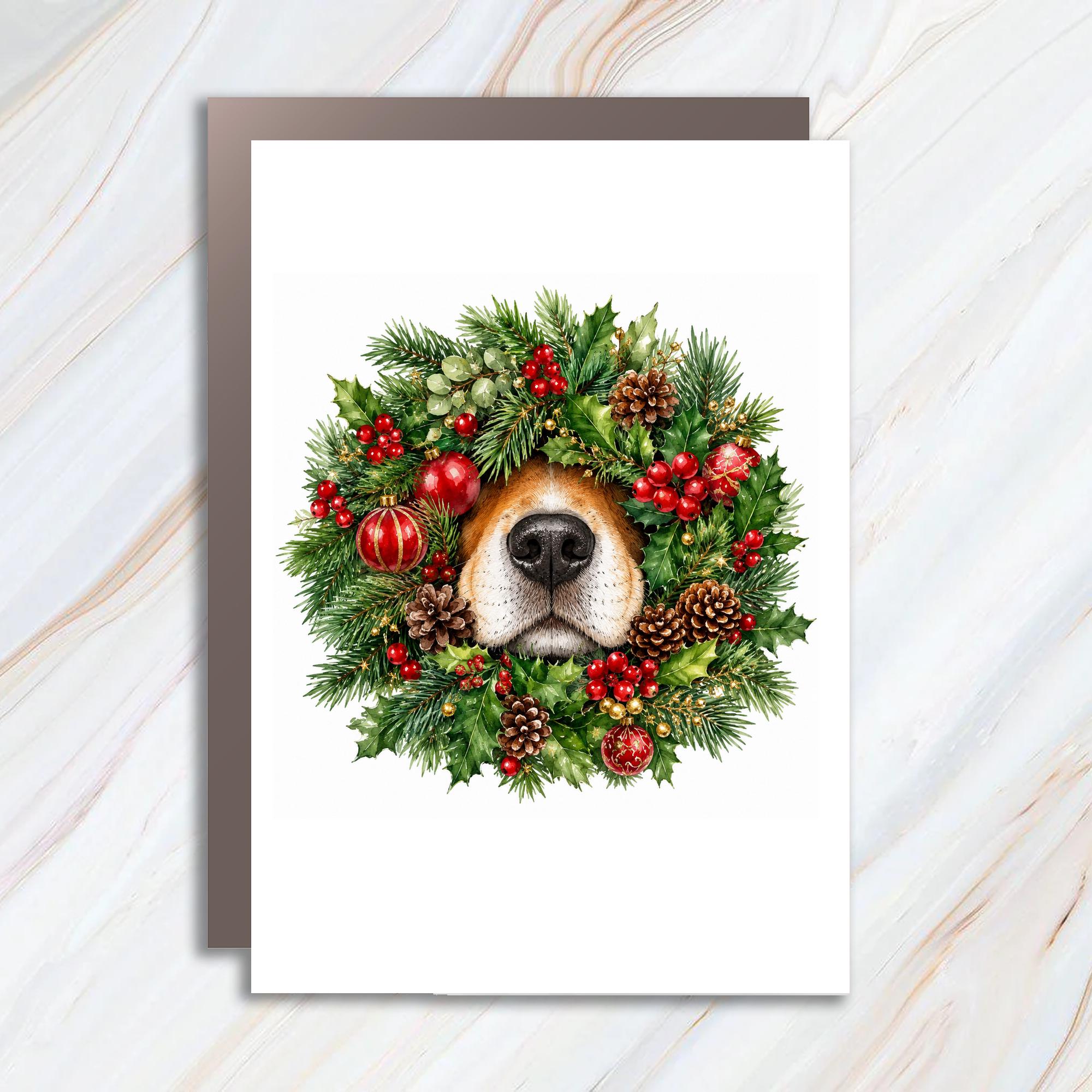 Dog In Christmas Wreath Card Cute Holiday Greeting Card For Dog Lover Festive Pinecone Holly Christmas Card C1010