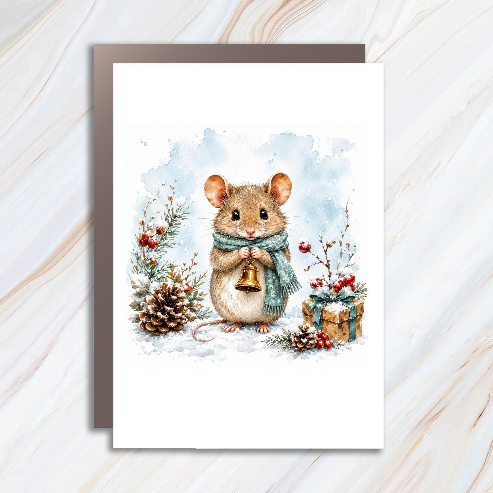 Cute Mouse Christmas Card Winter Scene Holiday Greeting Card For Animal Lover Festive Card With Bell And Pinecones C1017