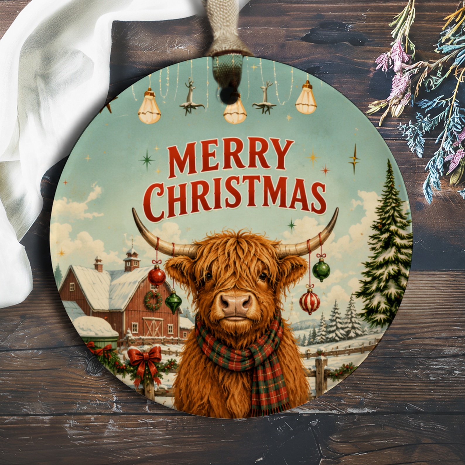 Merry Christmas Highland Cow Ornament Rustic Farmhouse Christmas Decor Cute Animal Holiday Decoration Winter Barn Scene O587