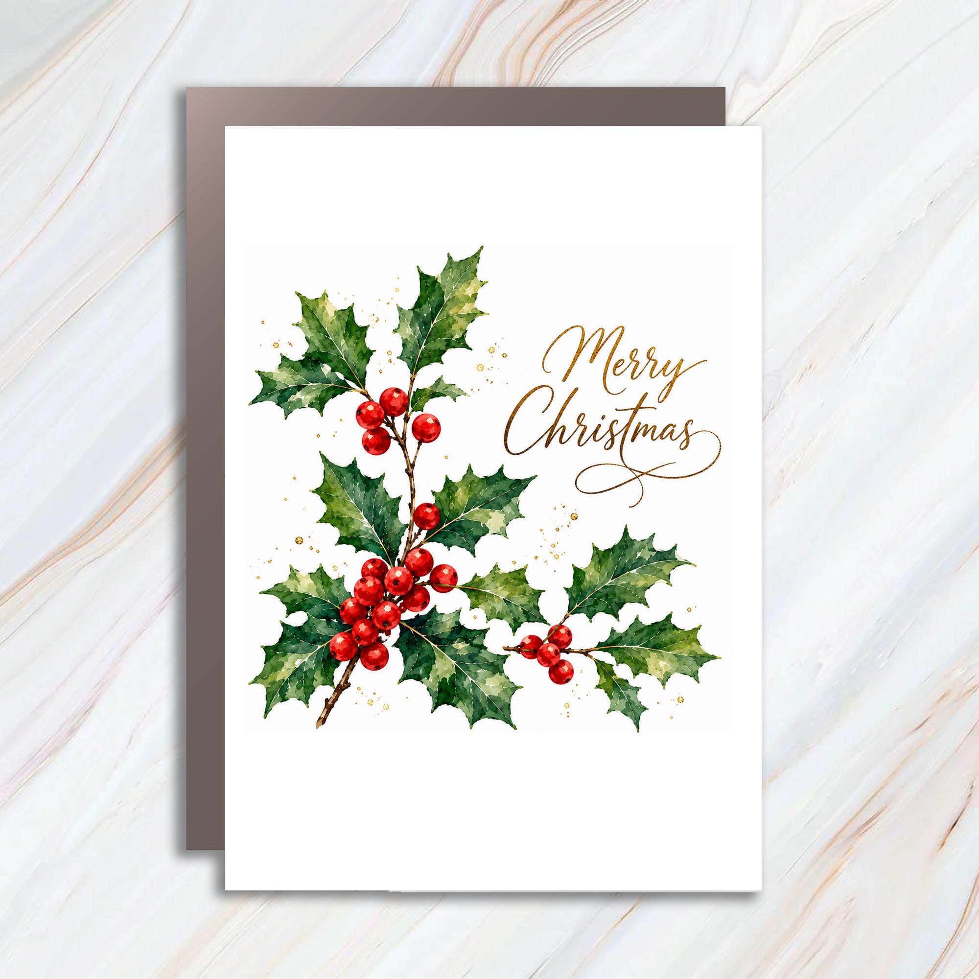 Merry Christmas Card Watercolor Holly And Berries Festive Holiday Greeting Card For Family Friends Seasonal Art C1019