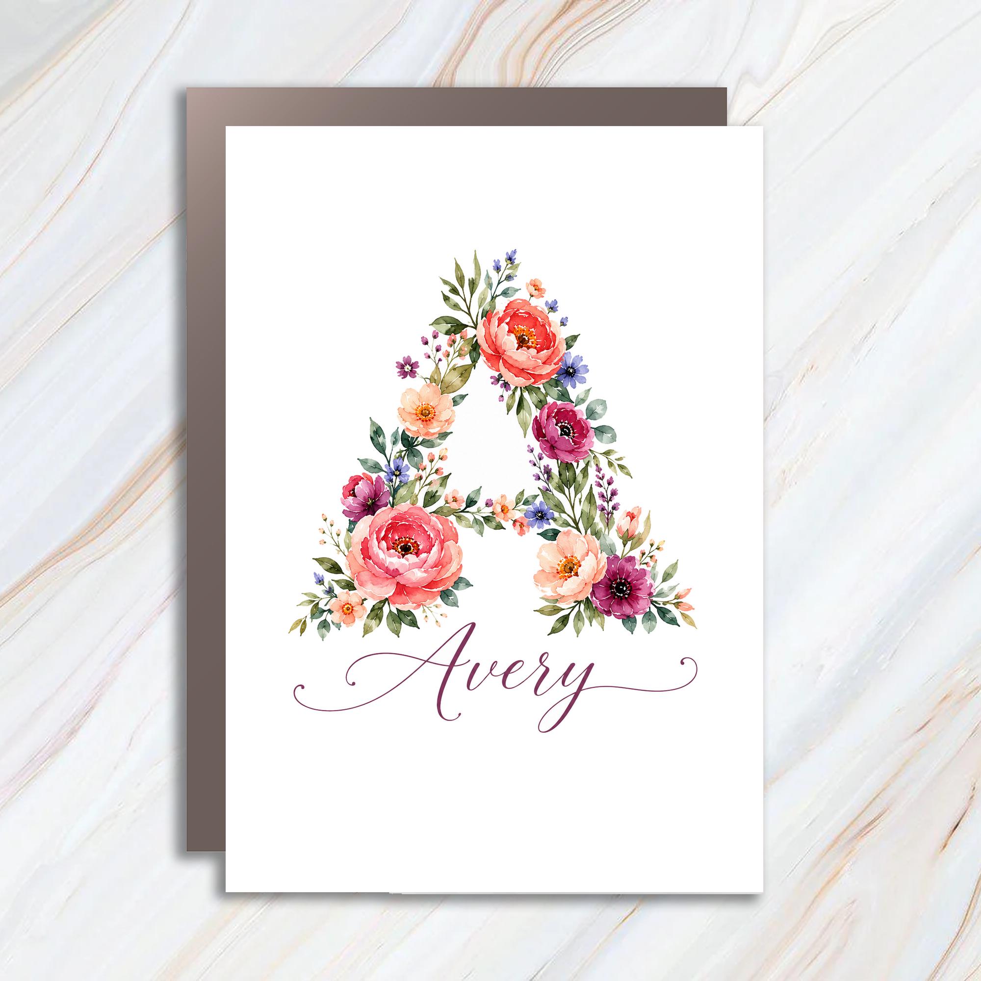 Custom Stationery Floral Initial Greeting Card Personalized Name Card Watercolor Flowers Blank Note Card For Her or Him C1021