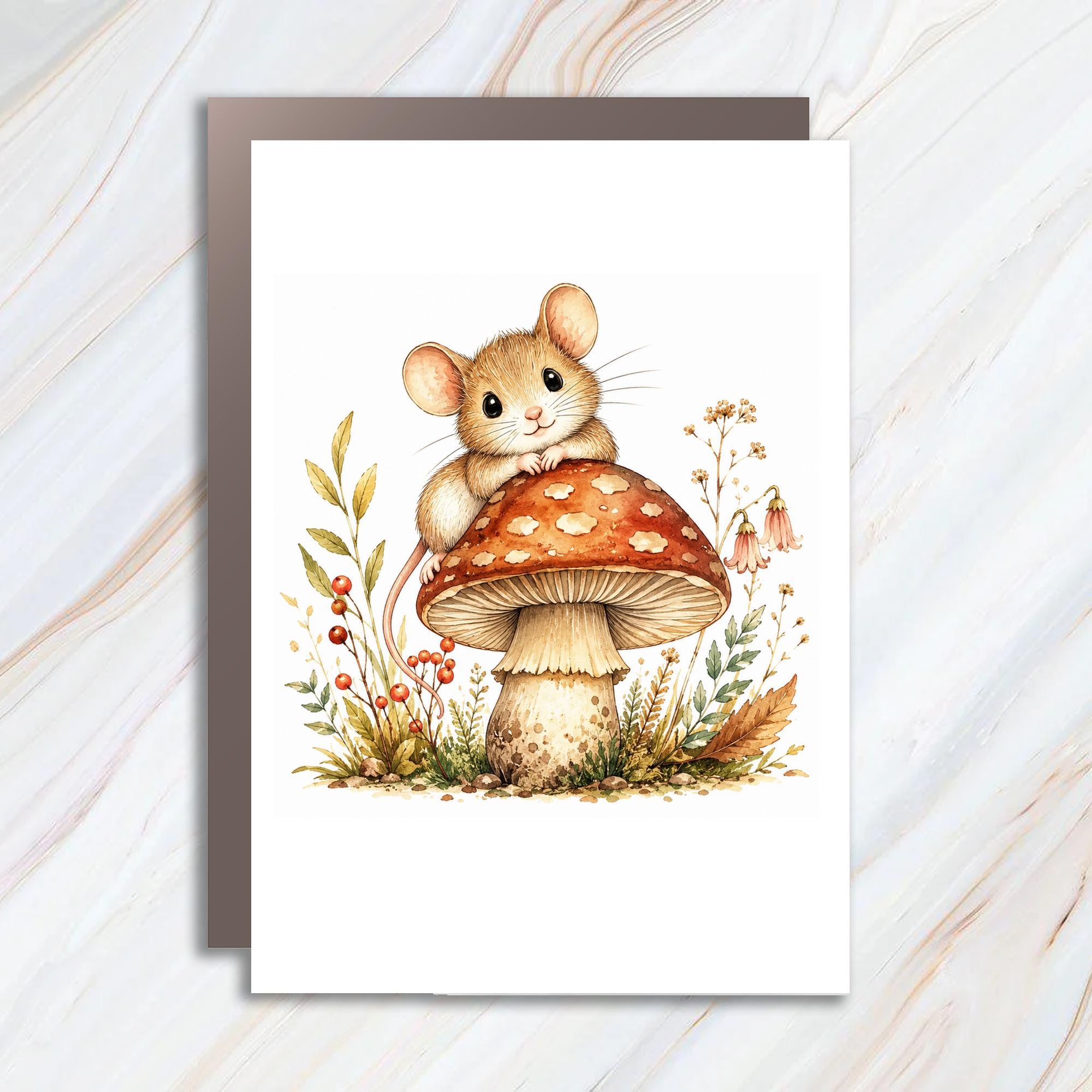 Mouse On Mushroom Blank Greeting Card Cute Animal Illustration For Nature Lover Whimsical Everyday Card Woodland Art C1022