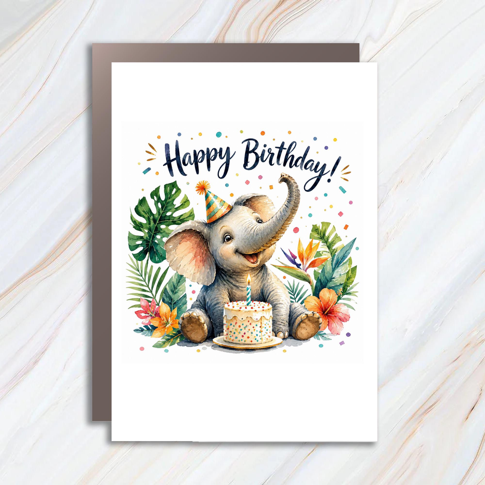 Happy Birthday! Cute Elephant Birthday Card For Kids Animal Lover Watercolor Jungle Theme Party Celebration Card C1025