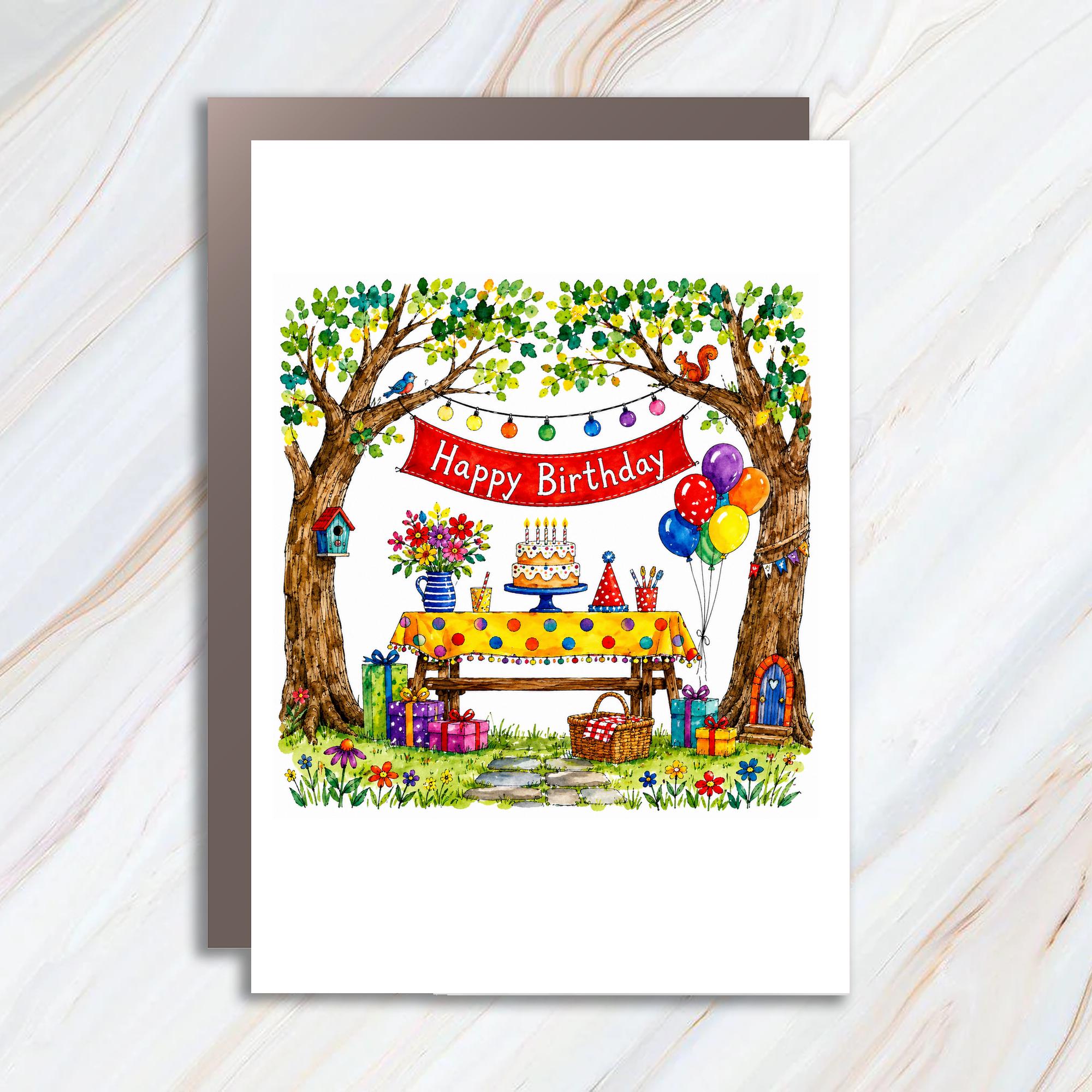 Happy Birthday Card Colorful Celebration Scene With Cake Balloons Gifts For Kids Adults Fun Party Greeting Card C1027