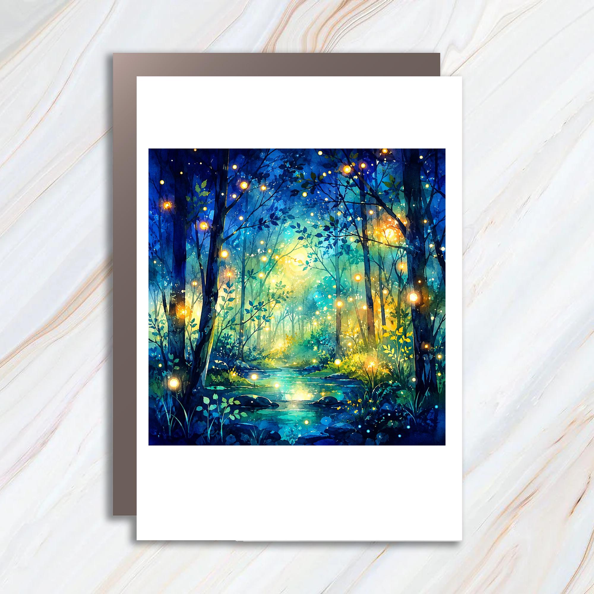 Enchanted Forest Fireflies Blank Greeting Card Magical Woodland Scene Nature Lover Card Watercolor Art Card For Any Occasion C1024