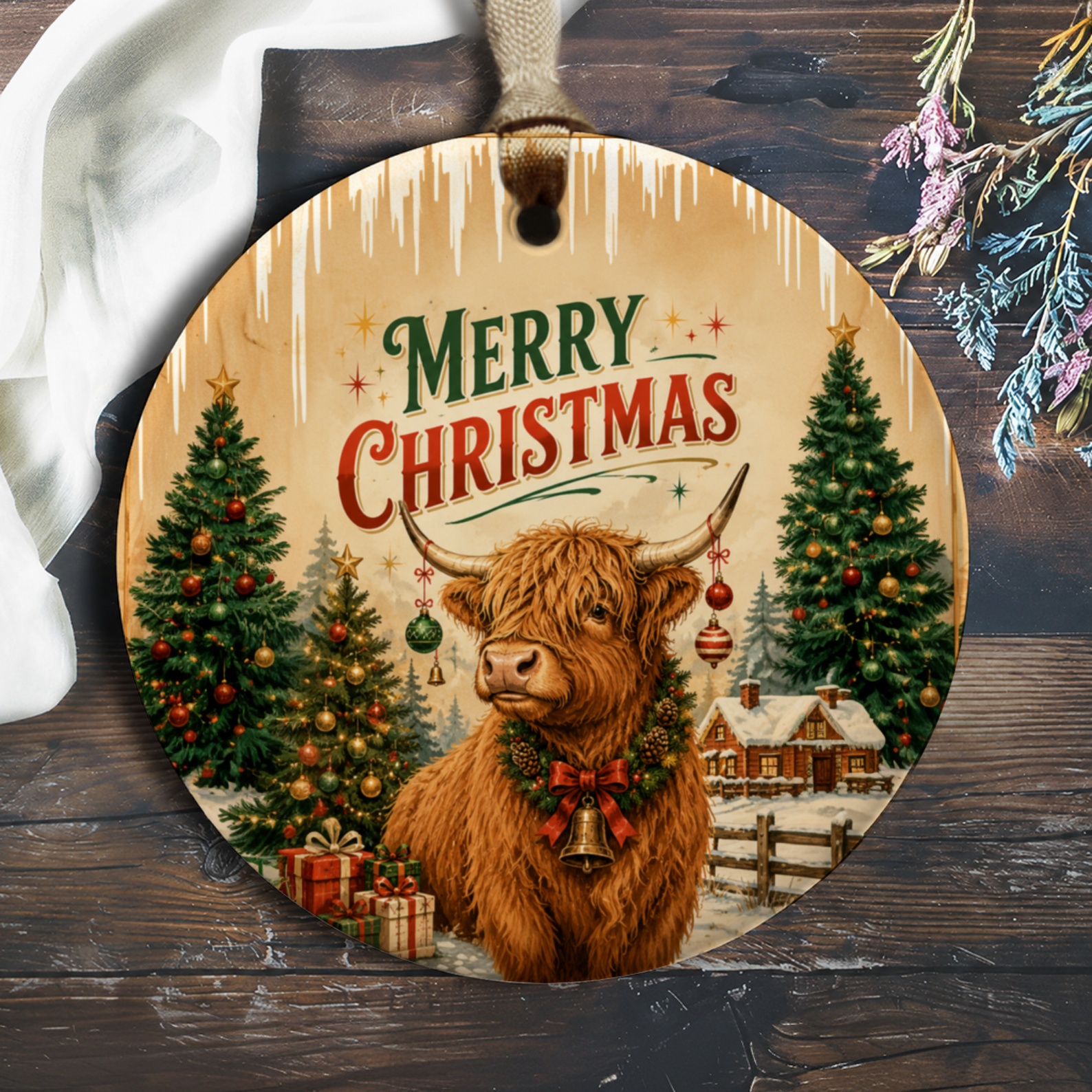 Merry Christmas Ornament Highland Cow Rustic Holiday Decor Christmas Tree Decoration Festive Farmhouse Style Gift O588