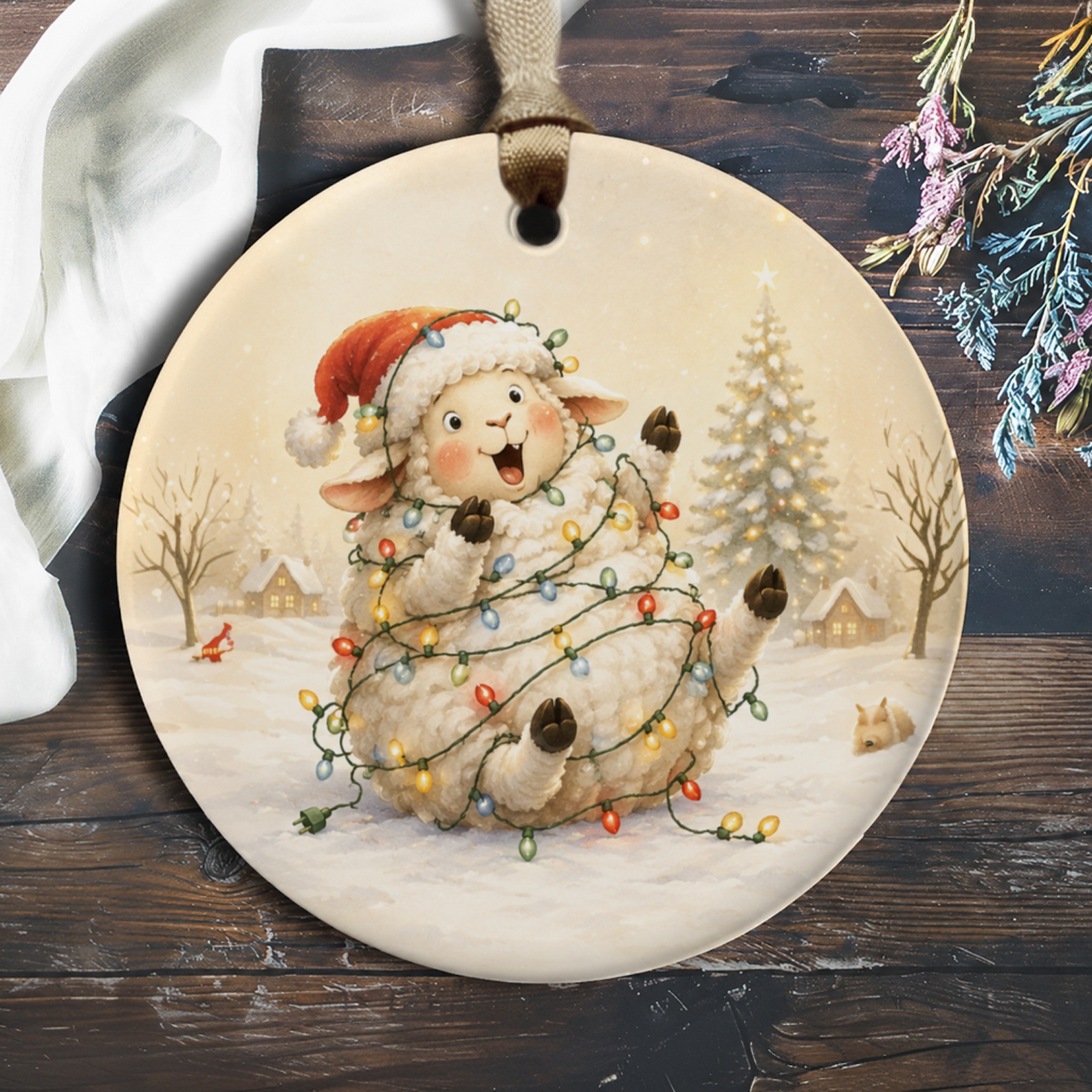 Lamb With Christmas Lights Ornament Cute Holiday Decor Sheep In Santa Hat Winter Scene Festive Tree Decoration Gift O590