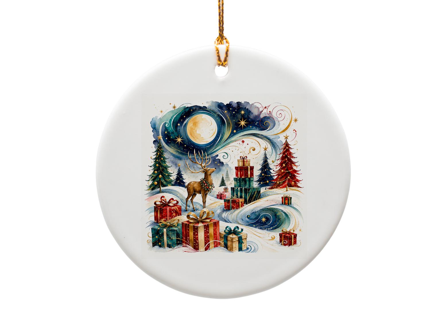 Reindeer And Christmas Gifts Ornament Holiday Decor Winter Scene Festive Tree Decoration Seasonal Home Accent O1035