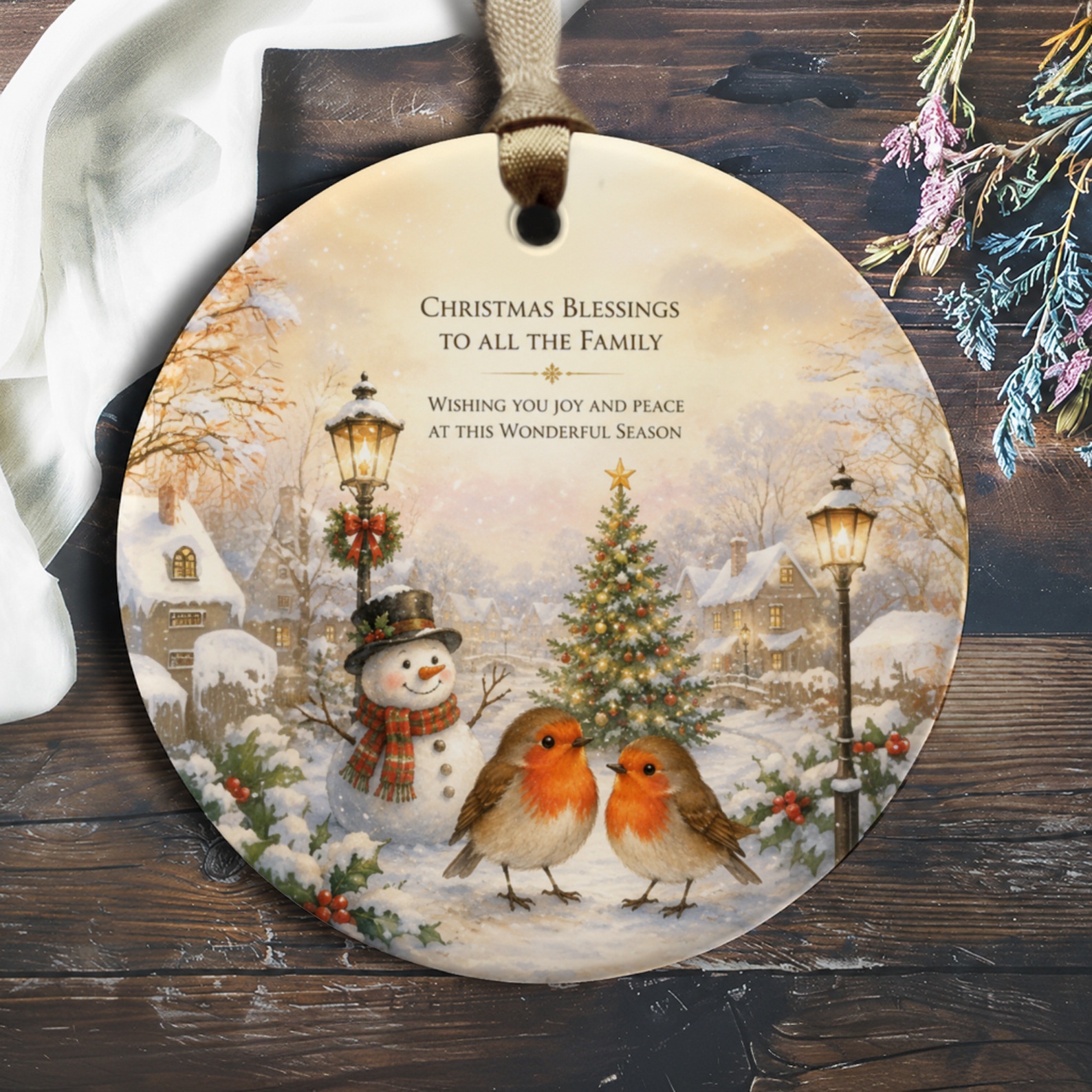 Christmas Blessings To All The Family Ornament Holiday Decor Snowman Robins Winter Scene Christmas Tree Festive Home Decoration O591