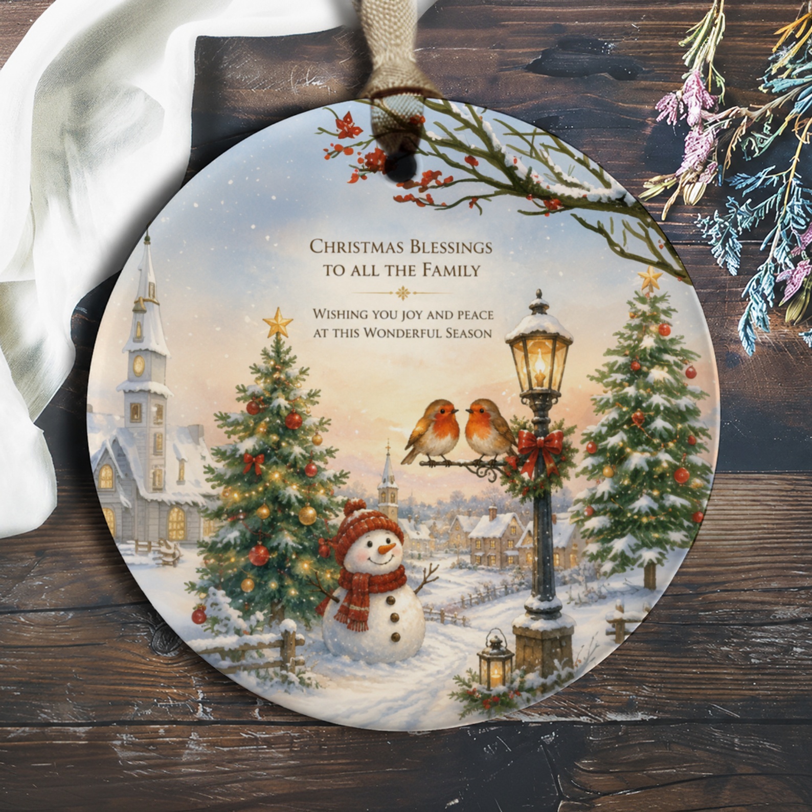 Christmas Blessings To All The Family Ornament Snowy Village Scene With Snowman Robins Holiday Decor Winter Decoration O592