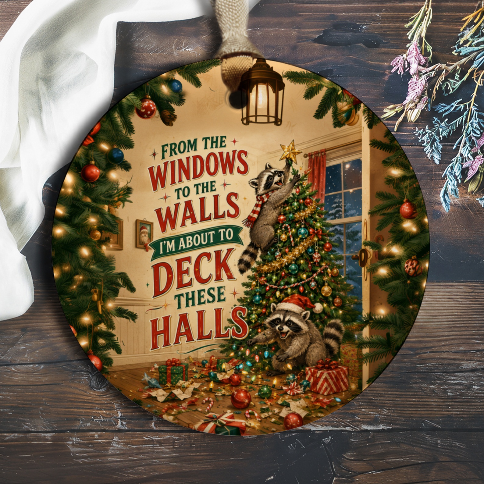 From The Windows To The Walls I'm About To Deck These Halls Christmas Ornament Raccoons Decorating Tree Holiday Decor Funny O596