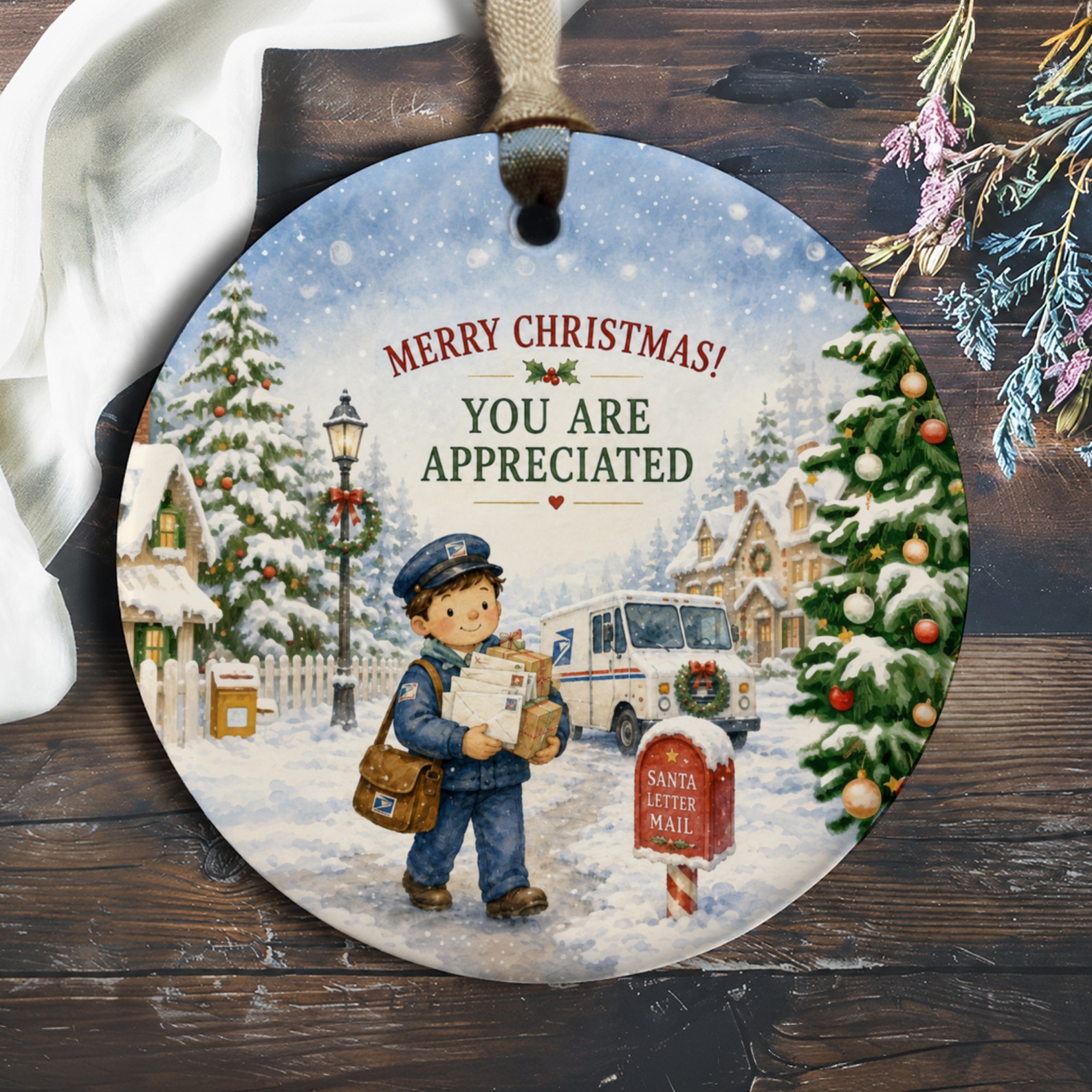 Merry Christmas! You Are Appreciated Ornament Mail Carrier Christmas Ornament Holiday Decor Winter Village Scene O602