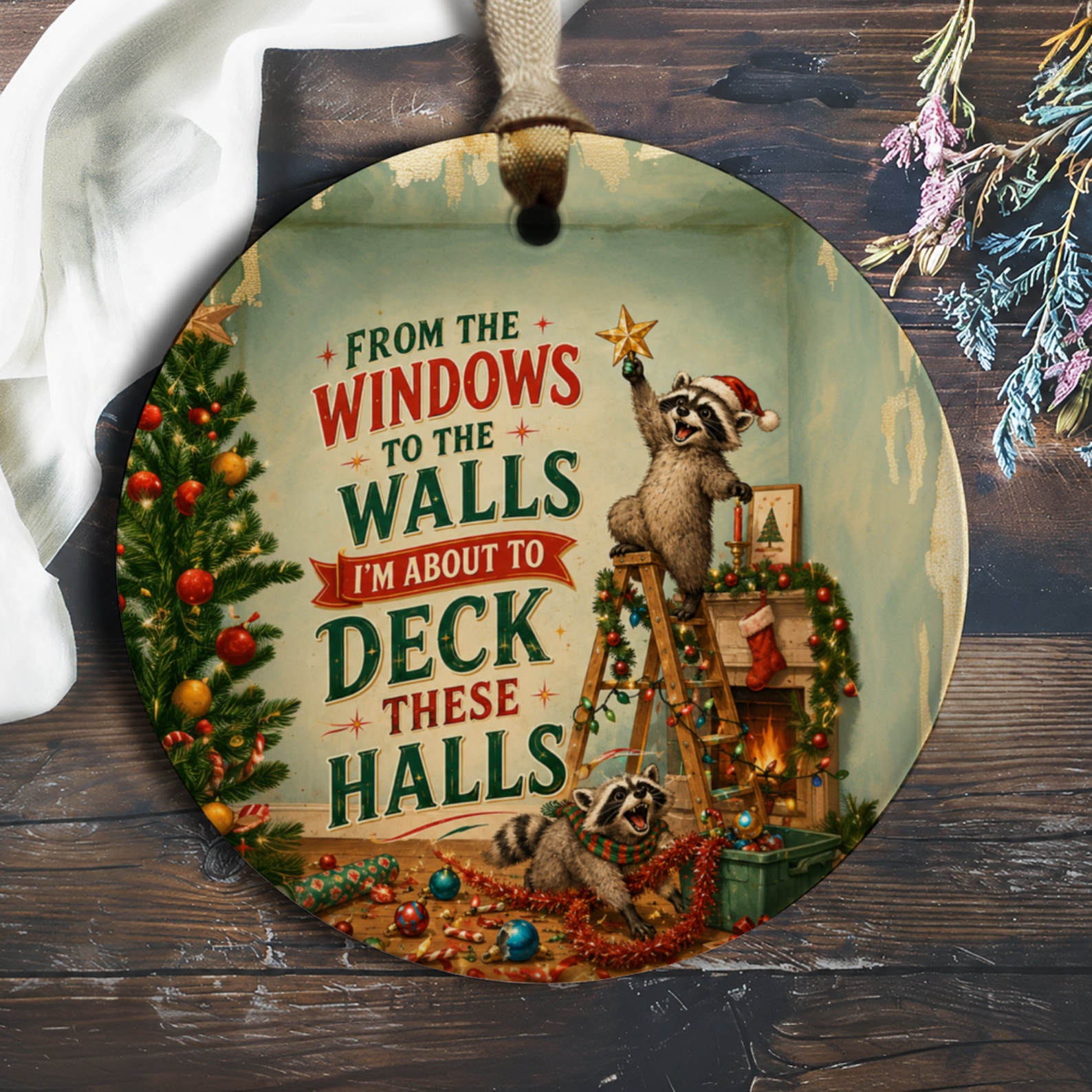 From The Windows To The Walls I'm About To Deck These Halls Christmas Ornament Funny Raccoon Holiday Decor Cute Animal Decoration O597