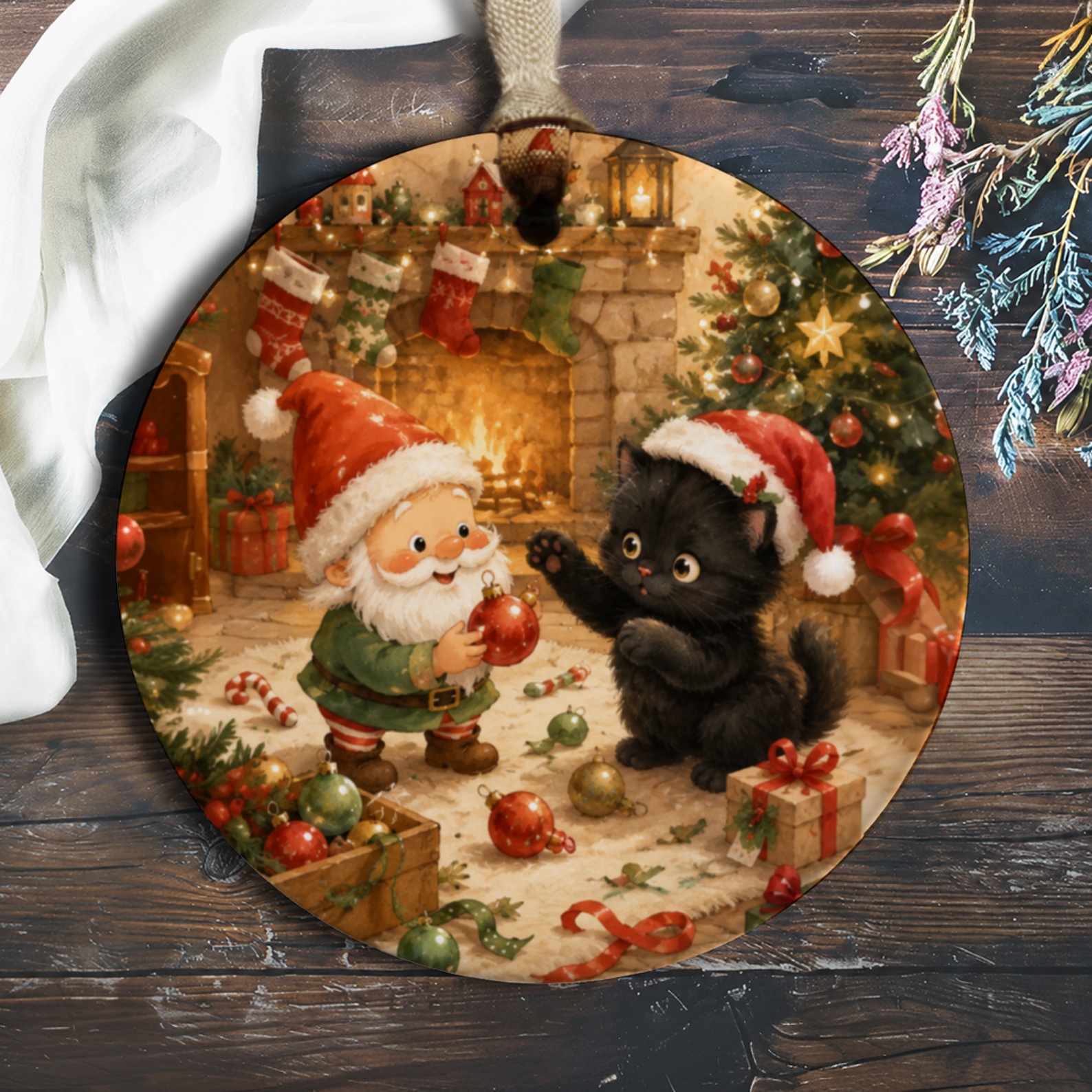 Santa And Cat Christmas Ornament Cute Holiday Decor Festive Fireplace Scene Christmas Tree Decoration Gift For Cat Lovers O606