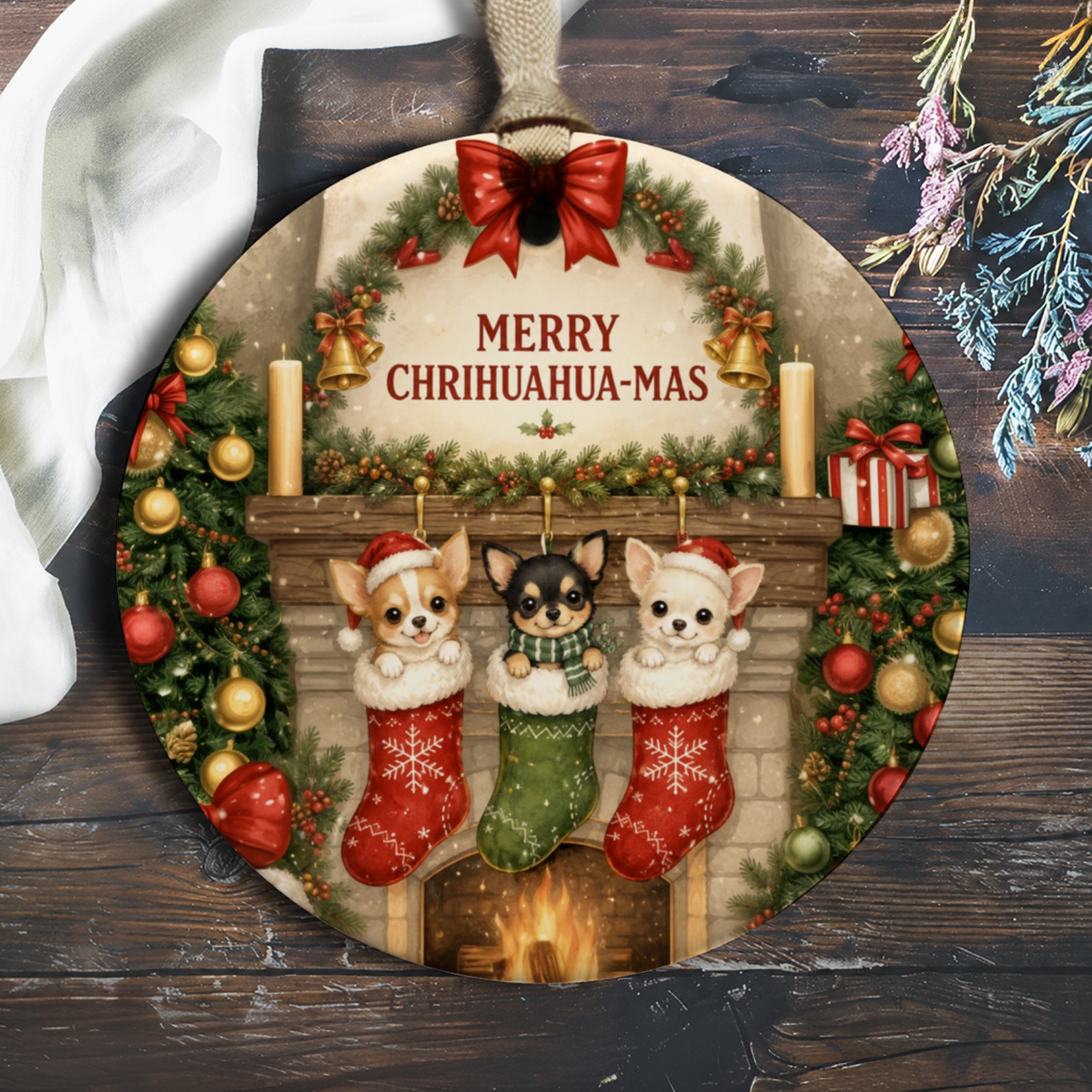 Merry Chrihuahua-Mas Christmas Ornament Cute Chihuahua Stocking Holiday Decor Dog Lover Gift Festive Tree Decoration O611
