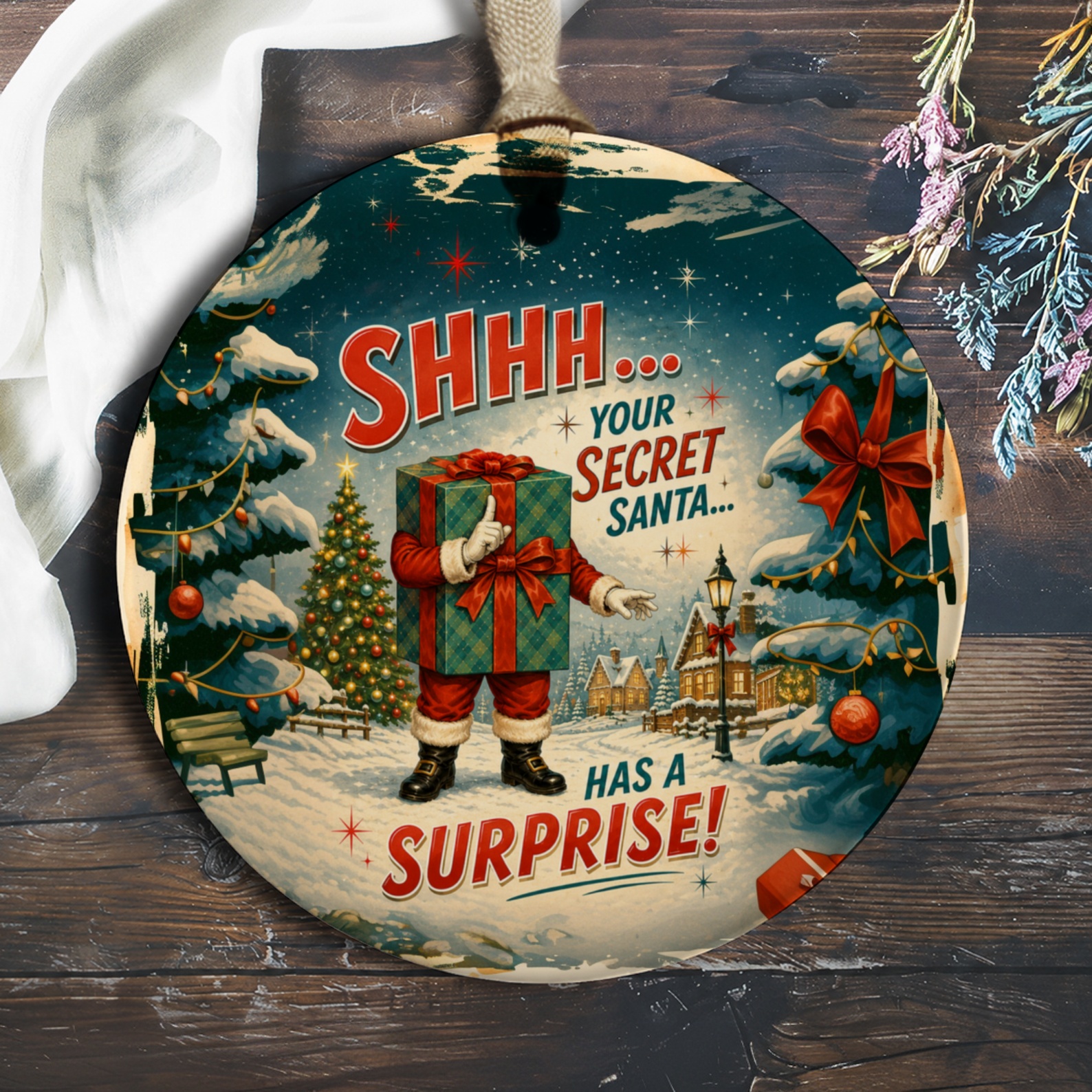 Shhh... Your Secret Santa... Has A Surprise! Christmas Ornament Festive Holiday Decor Gift Exchange Fun Secret Santa O614