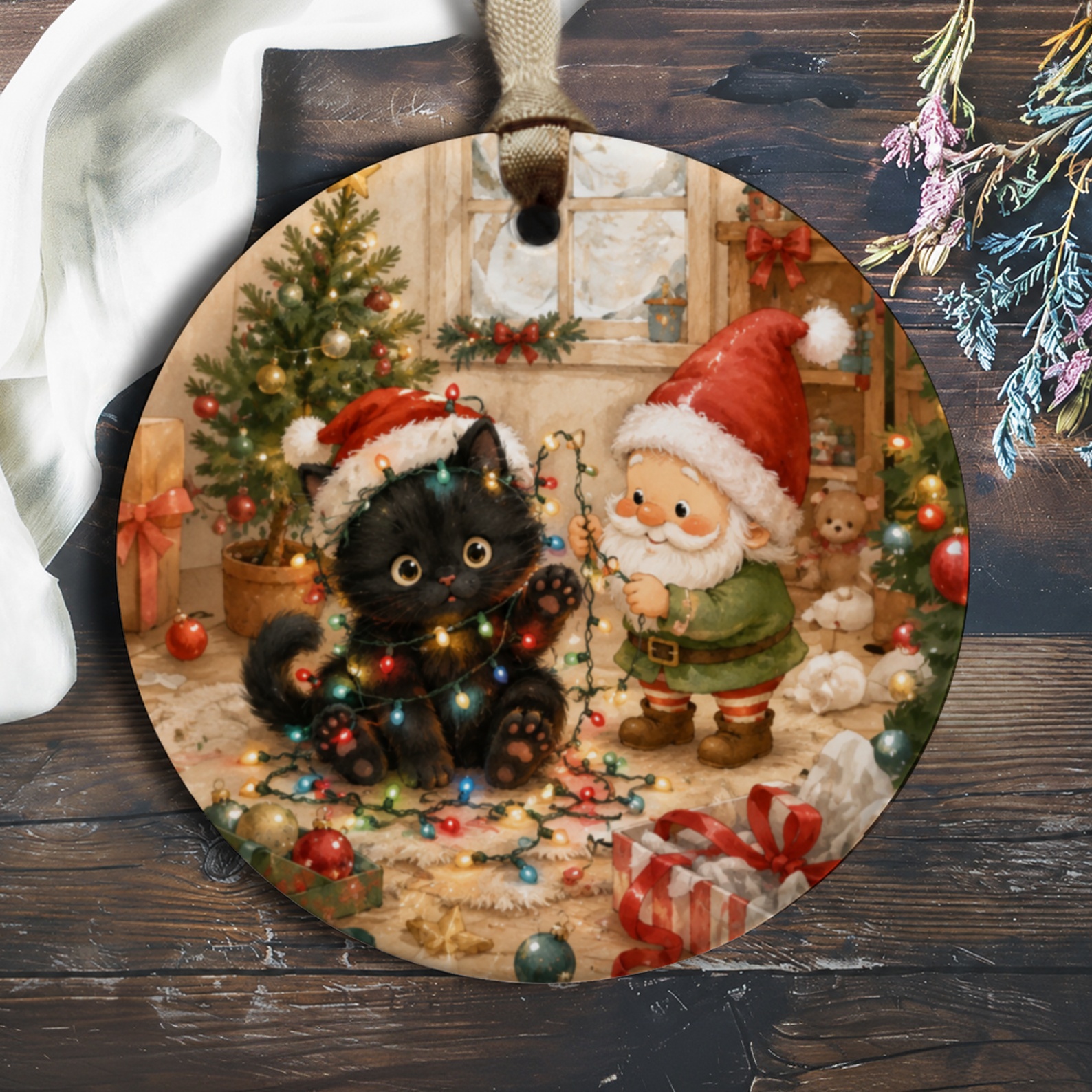 Santa And Cat Christmas Ornament Cute Holiday Decor Festive Tree Decoration Adorable Kitten With Lights Gift For Cat Lovers O607