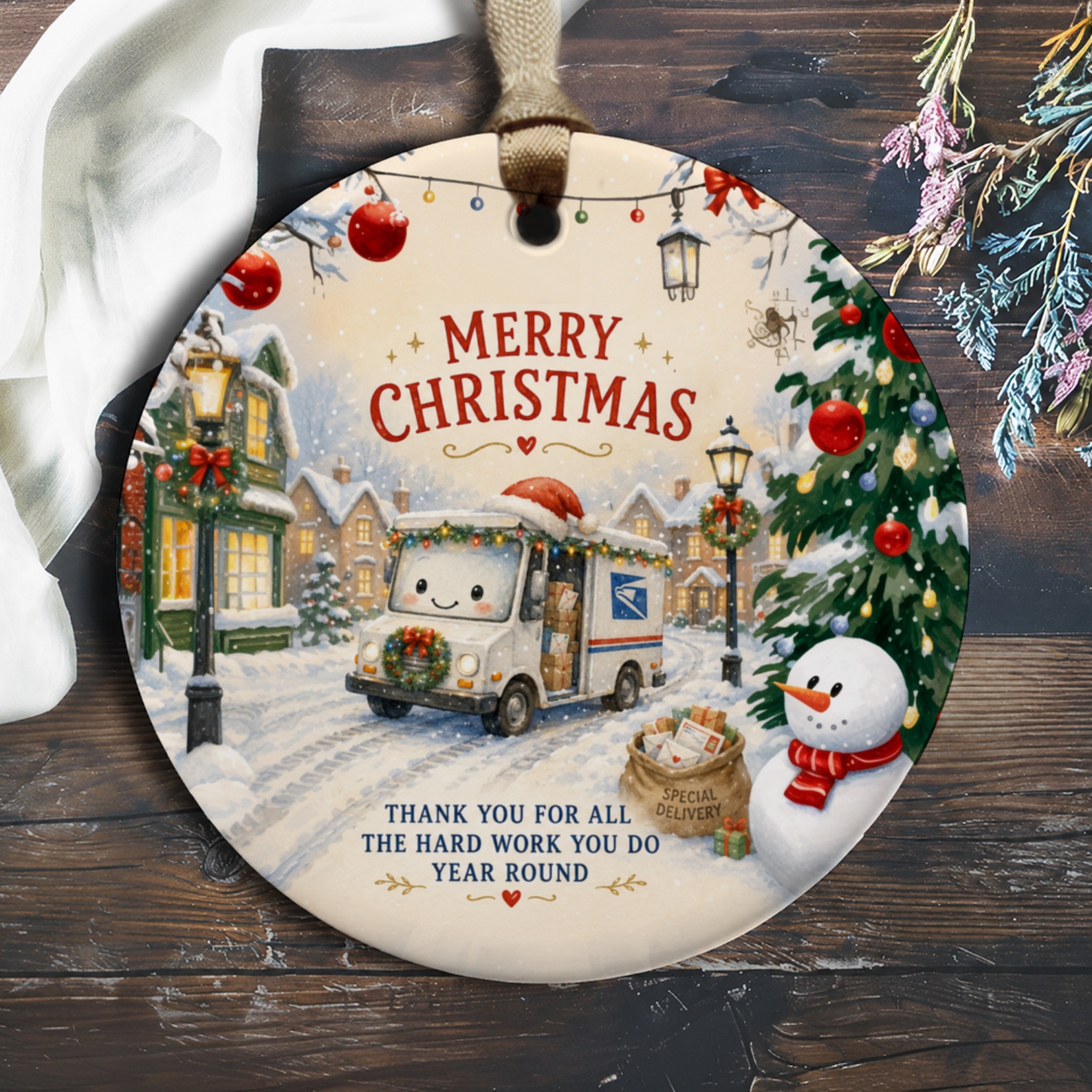 Merry Christmas Thank You Ornament Cute Postal Truck Snowy Village Christmas Ornament Holiday Decor Gift O610