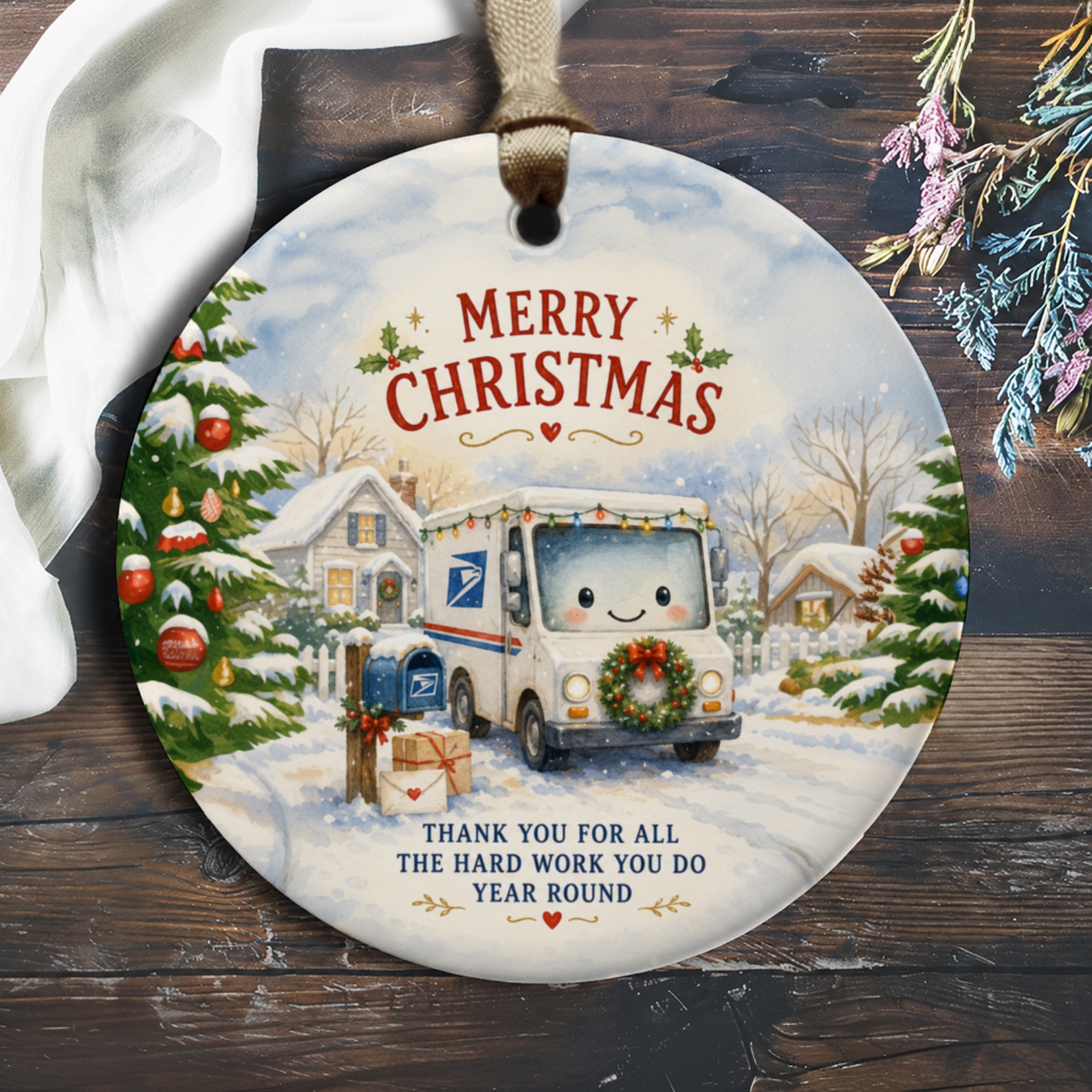 Merry Christmas Thank You Ornament Cute Postal Truck Holiday Decor Appreciation Gift For Mail Carrier Festive Christmas Ornament O612