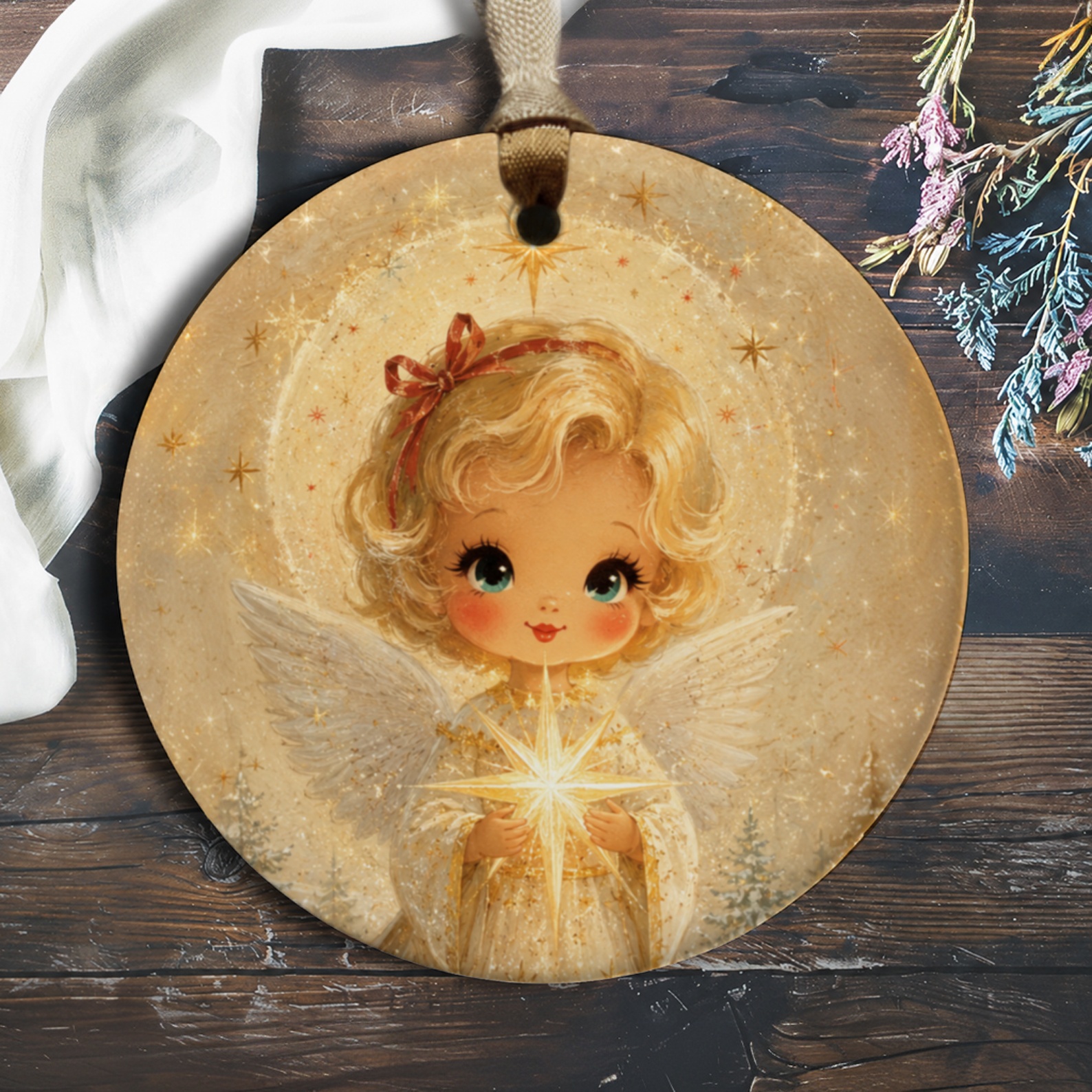 Cute Angel Christmas Ornament Vintage Style Holiday Decor Cherub Holding Star Tree Decoration Gift For Her O619