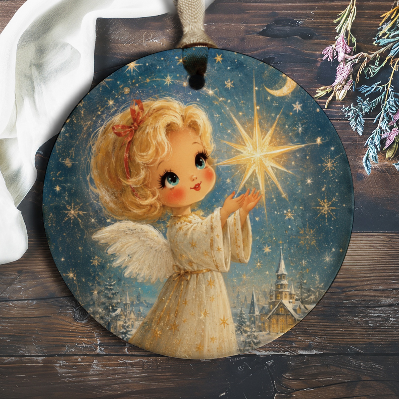 Angel Christmas Ornament Vintage Style Holiday Decor Cute Angelic Starry Night Scene Winter Decoration O620