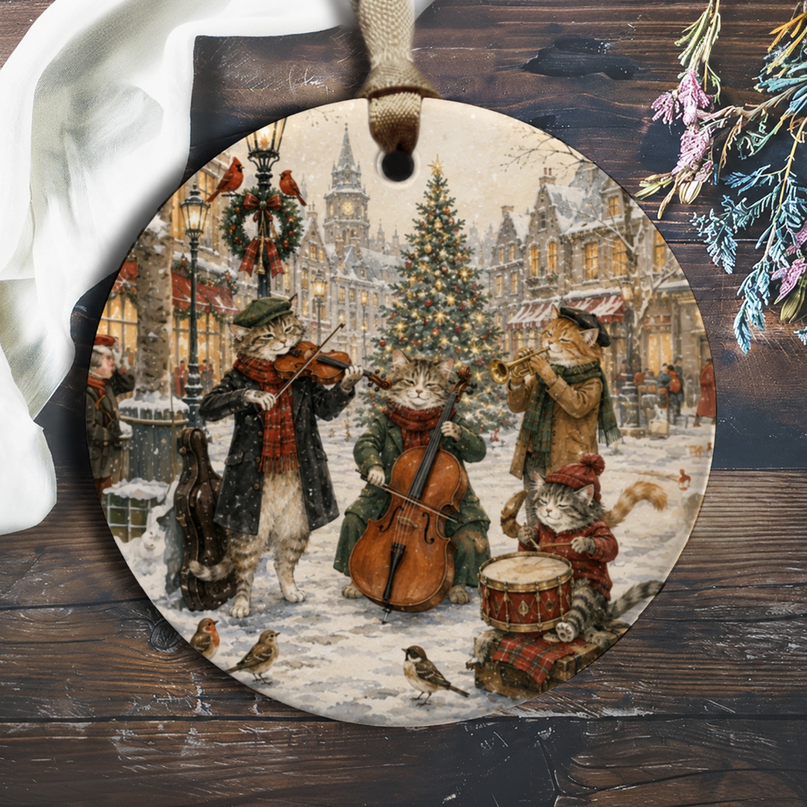 Cats Playing Instruments Christmas Ornament Winter Scene Holiday Decor Cute Animal Lover Gift Festive Tree Decoration O622