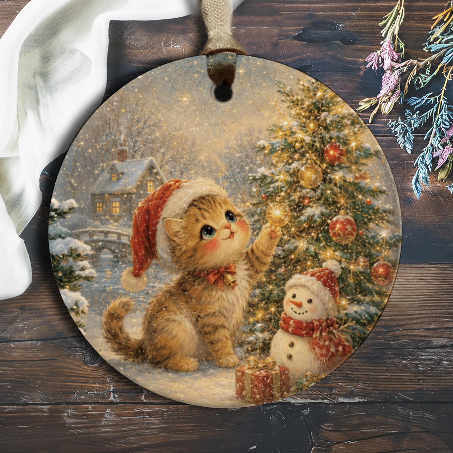 Cute Kitten Christmas Ornament Holiday Decor Cat Lover Gift Festive Tree Decoration Adorable Winter Scene Snowy Landscape O624