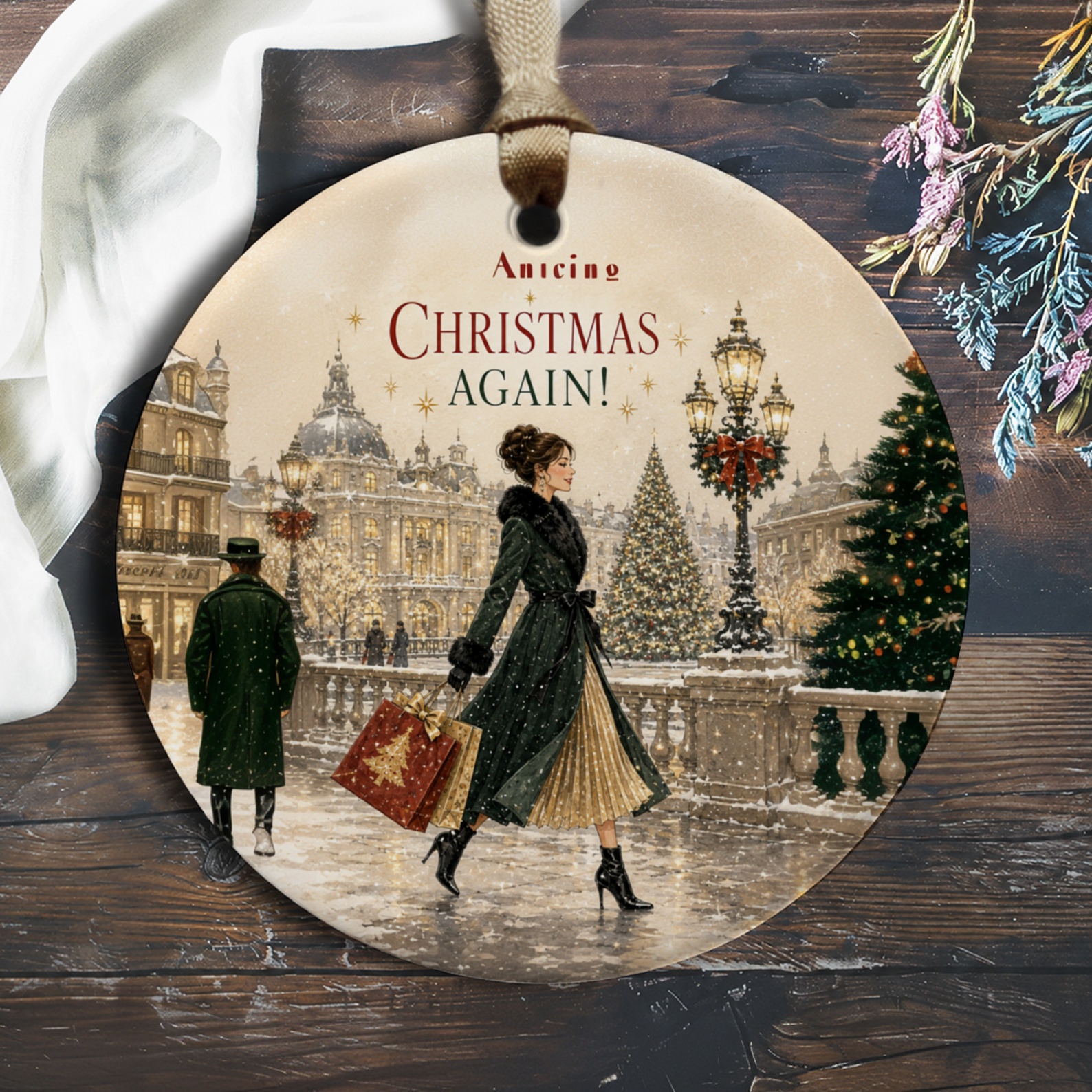 Amicing Christmas Again! Festive Ornament Holiday Decor Elegant Winter Scene Christmas Tree Gift Shopping O626