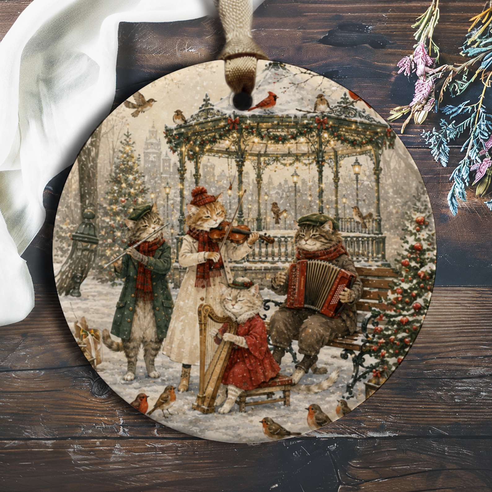 Cats Playing Instruments Christmas Ornament Winter Scene Holiday Decor Cute Animal Lovers Gift Festive Tree Decoration O621