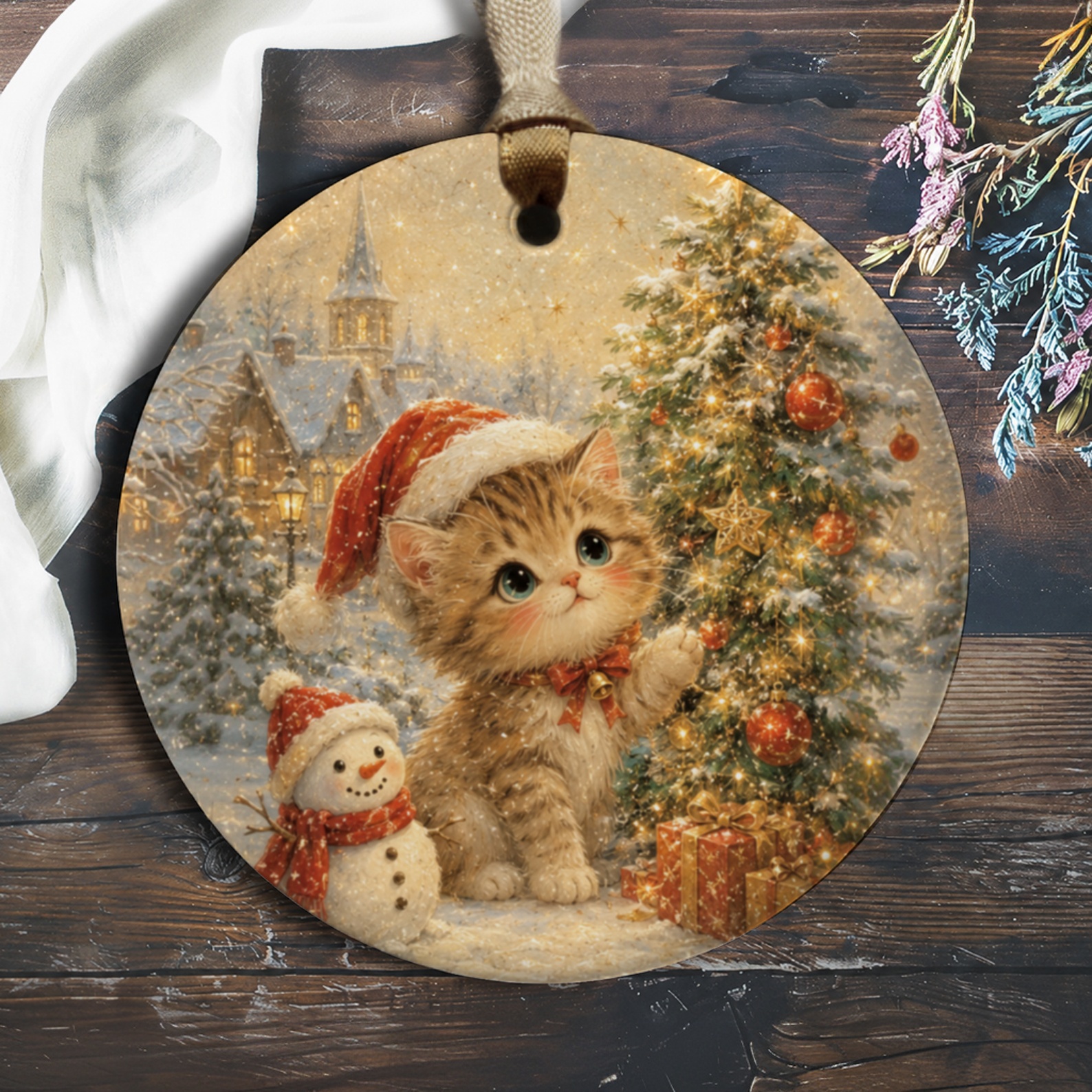 Cute Kitten Christmas Ornament Santa Hat Cat Lover Holiday Decor Festive Tree Decoration Adorable Winter Scene Gift O623