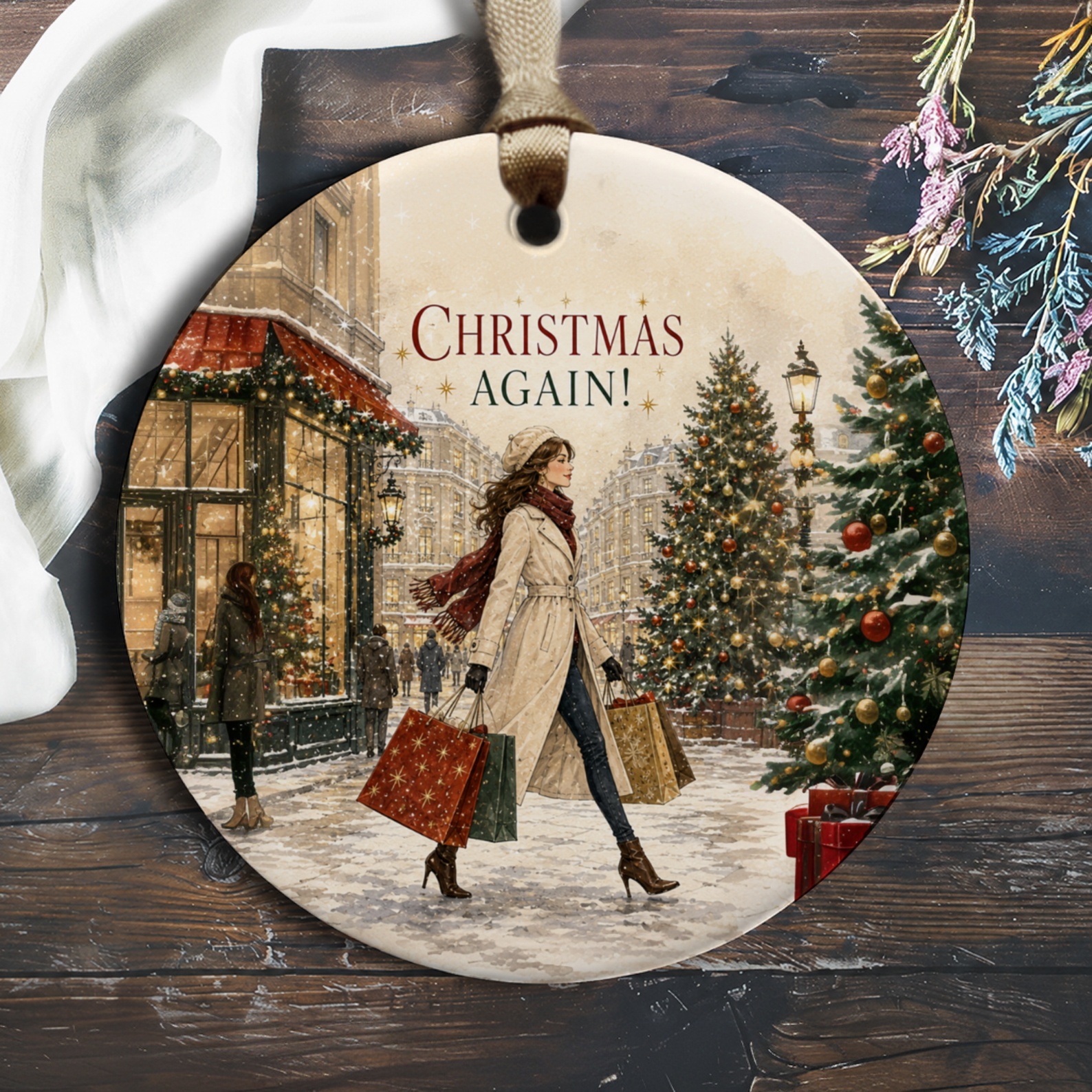 Christmas Again! Festive Ornament Winter Shopping Scene Holiday Decor Christmas Tree Decoration Gift Idea O625