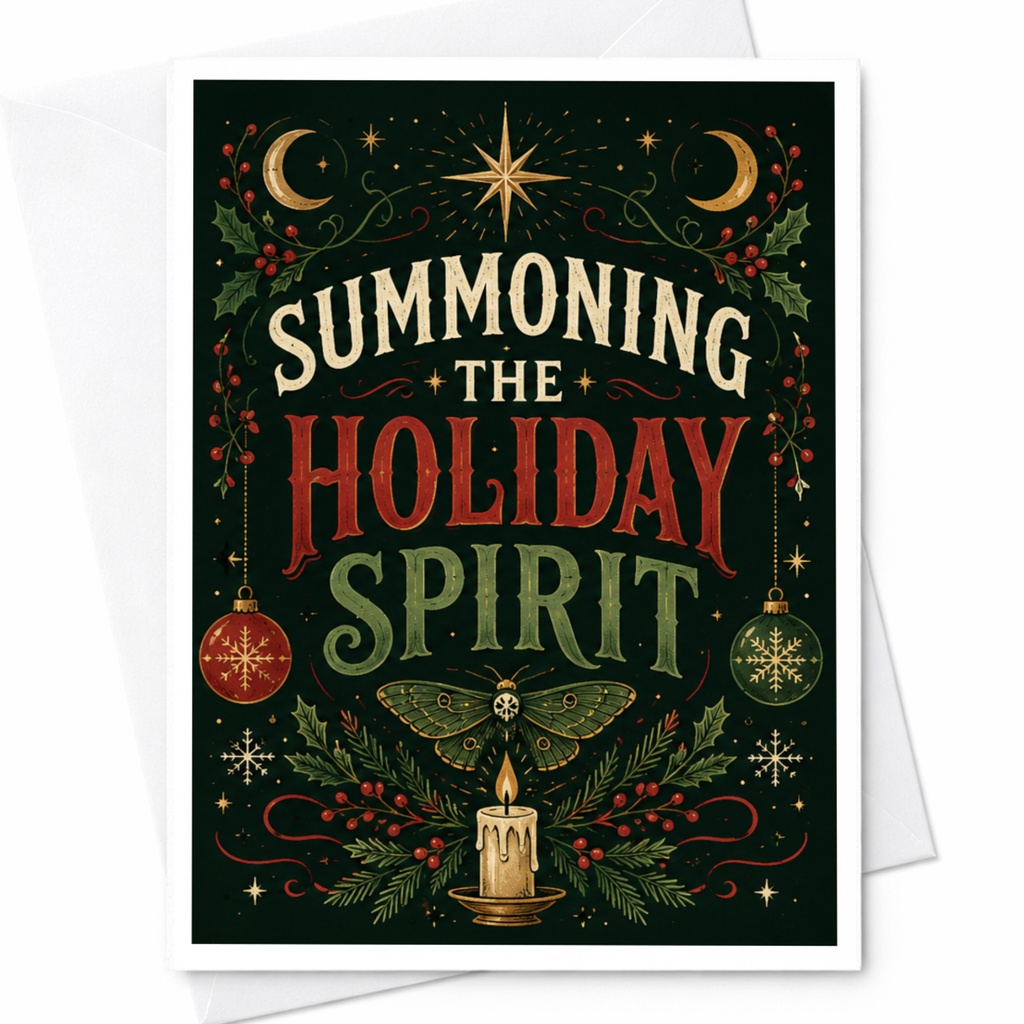 Summoning The Holiday Spirit Christmas Card Festive Holiday Greeting Card Winter Season Cheer For Friends Family C4605