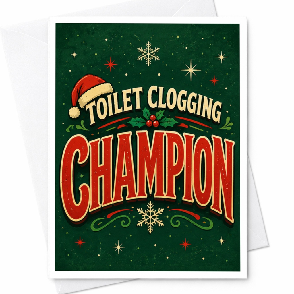 Toilet Clogging Champion Funny Christmas Card Holiday Greeting Card For Him Her Friend Festive Santa Hat C4606