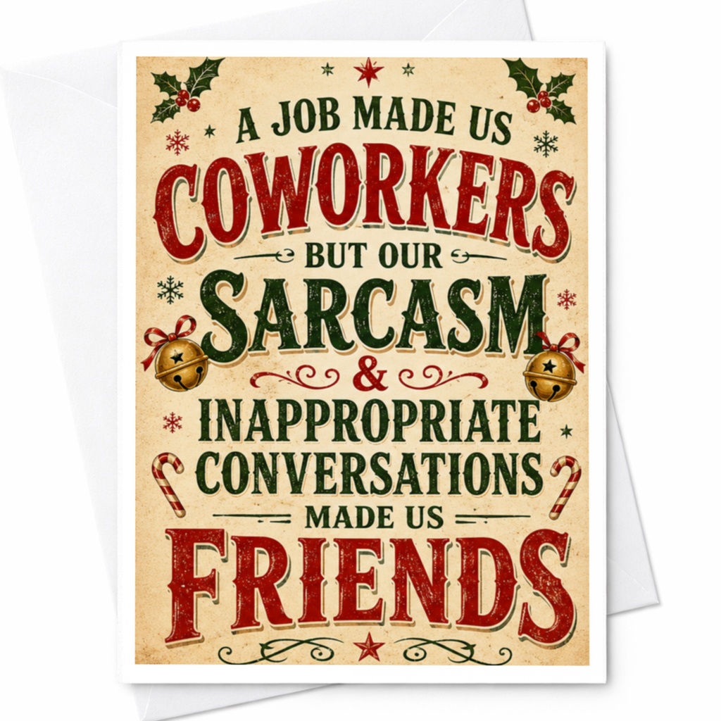 A Job Made Us Coworkers But Our Sarcasm & Inappropriate Conversations Made Us Friends Christmas Card Funny Holiday Greeting For Co C4611