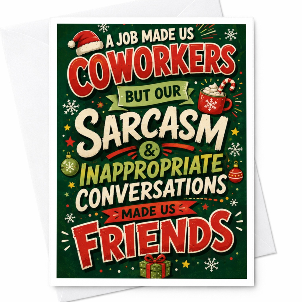 A Job Made Us Coworkers But Our Sarcasm & Inappropriate Conversations Made Us Friends Christmas Card Funny Holiday Greeting For Co C4612
