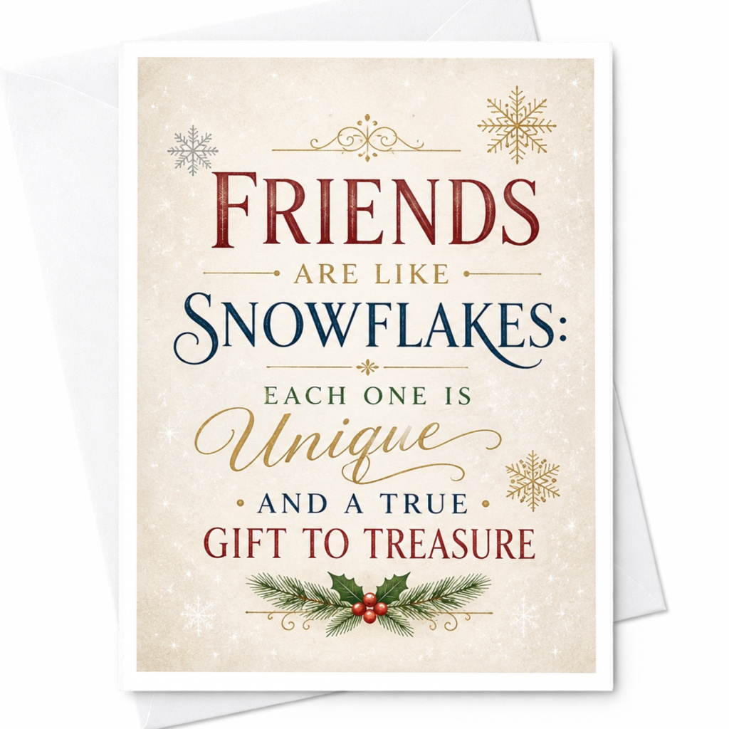 Friends Are Like Snowflakes: Each One Is Unique And A True Gift To Treasure Christmas Card For Friend Holiday Greeting Card C4613