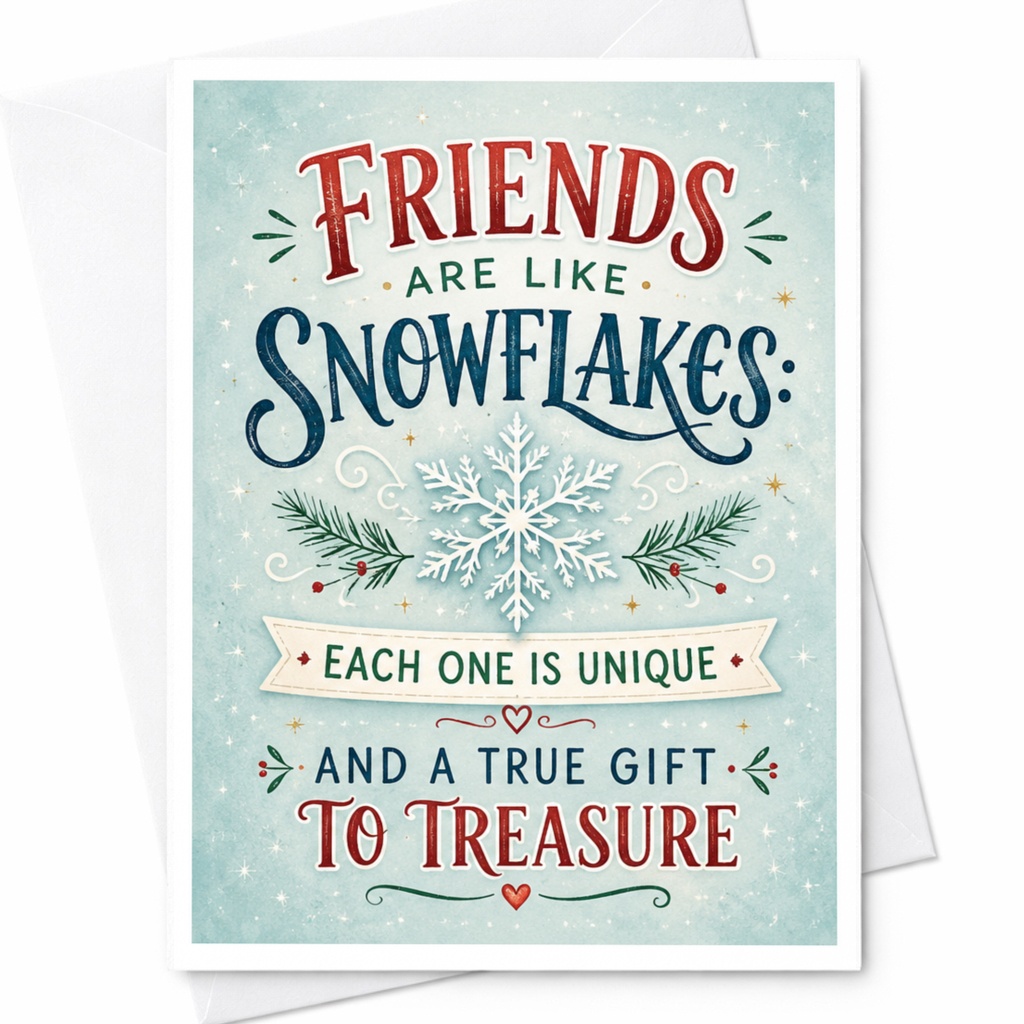 Friends Are Like Snowflakes: Each One Is Unique And A True Gift To Treasure Christmas Card For Friend Festive Holiday Greeting C4614