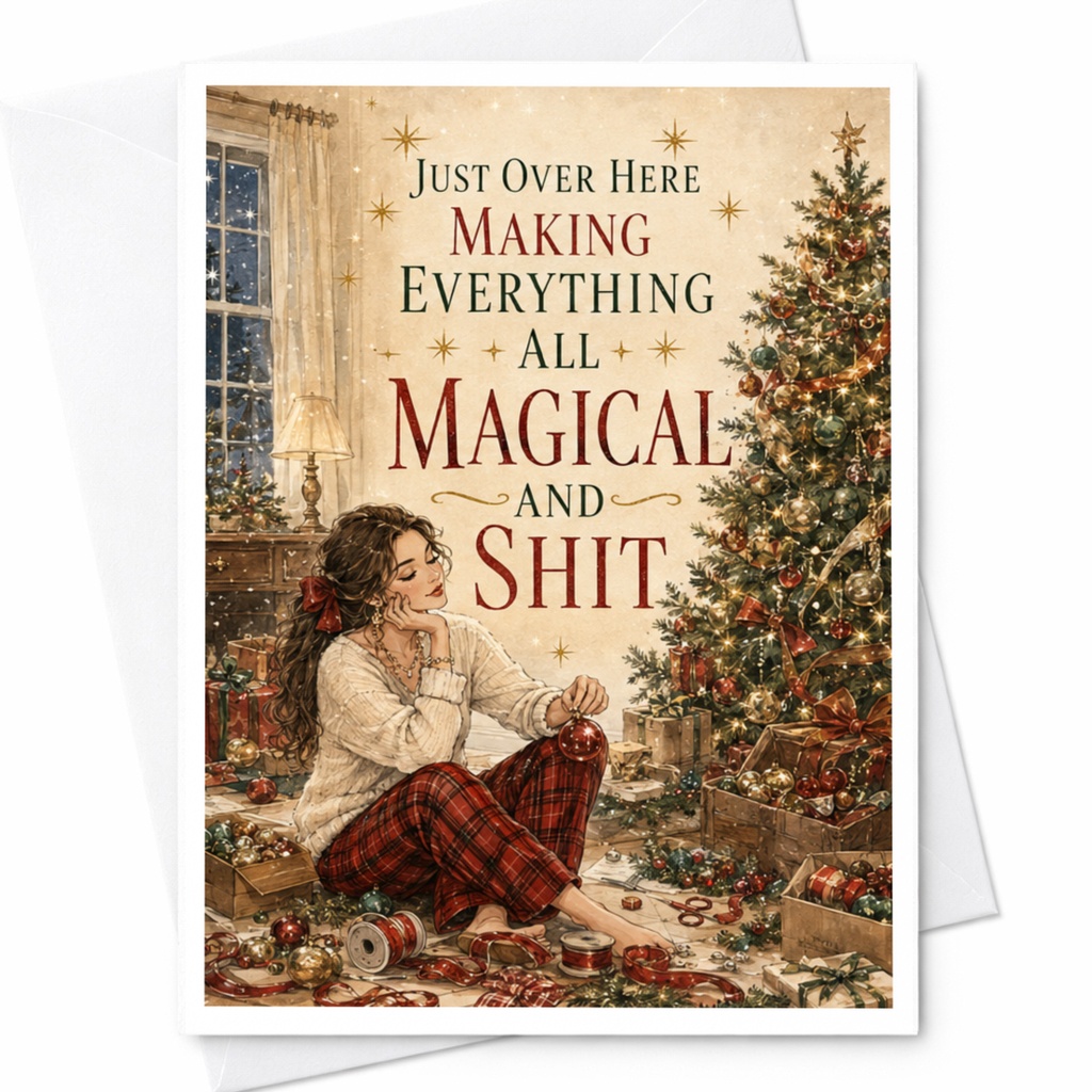 Just Over Here Making Everything All Magical And Shit Funny Christmas Card Holiday Greeting Card For Her Festive Xmas Card C4627