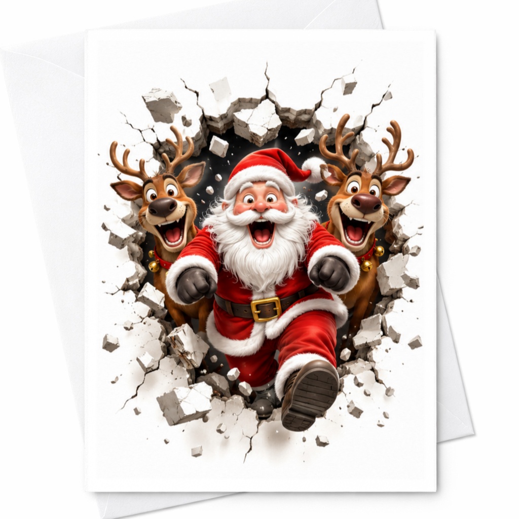 Santa And Reindeer Christmas Card Fun Holiday Greeting Card For Kids Family Cute Festive Santa Claus Card C4628