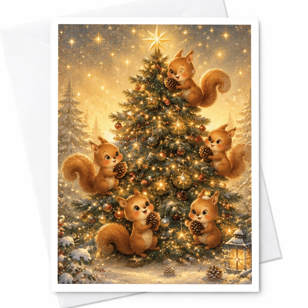Squirrels Decorating Christmas Tree Card Cute Holiday Greeting Card For Animal Lover Festive Winter Scene Christmas Card C4630