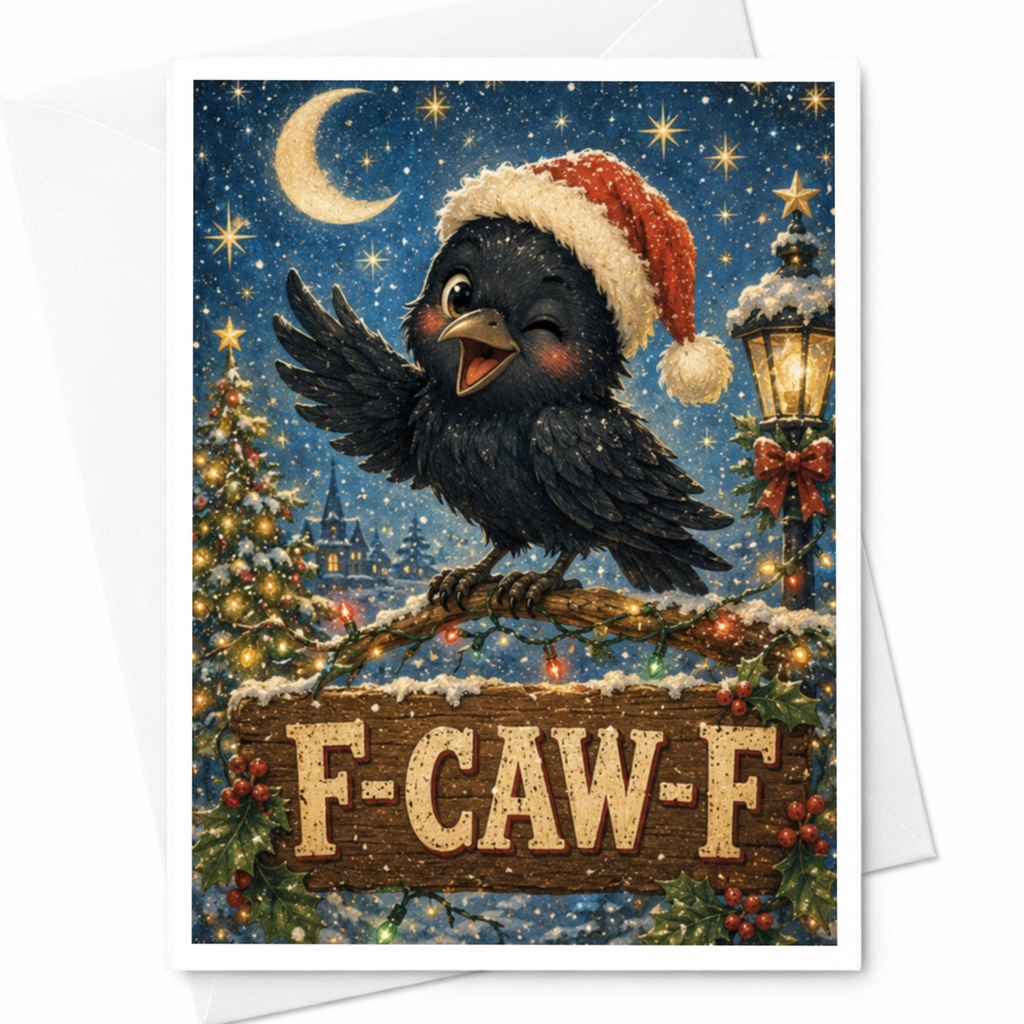 F-Caw-F Funny Christmas Card Cute Crow With Santa Hat Holiday Greeting Card For Bird Lover Xmas Card C4636